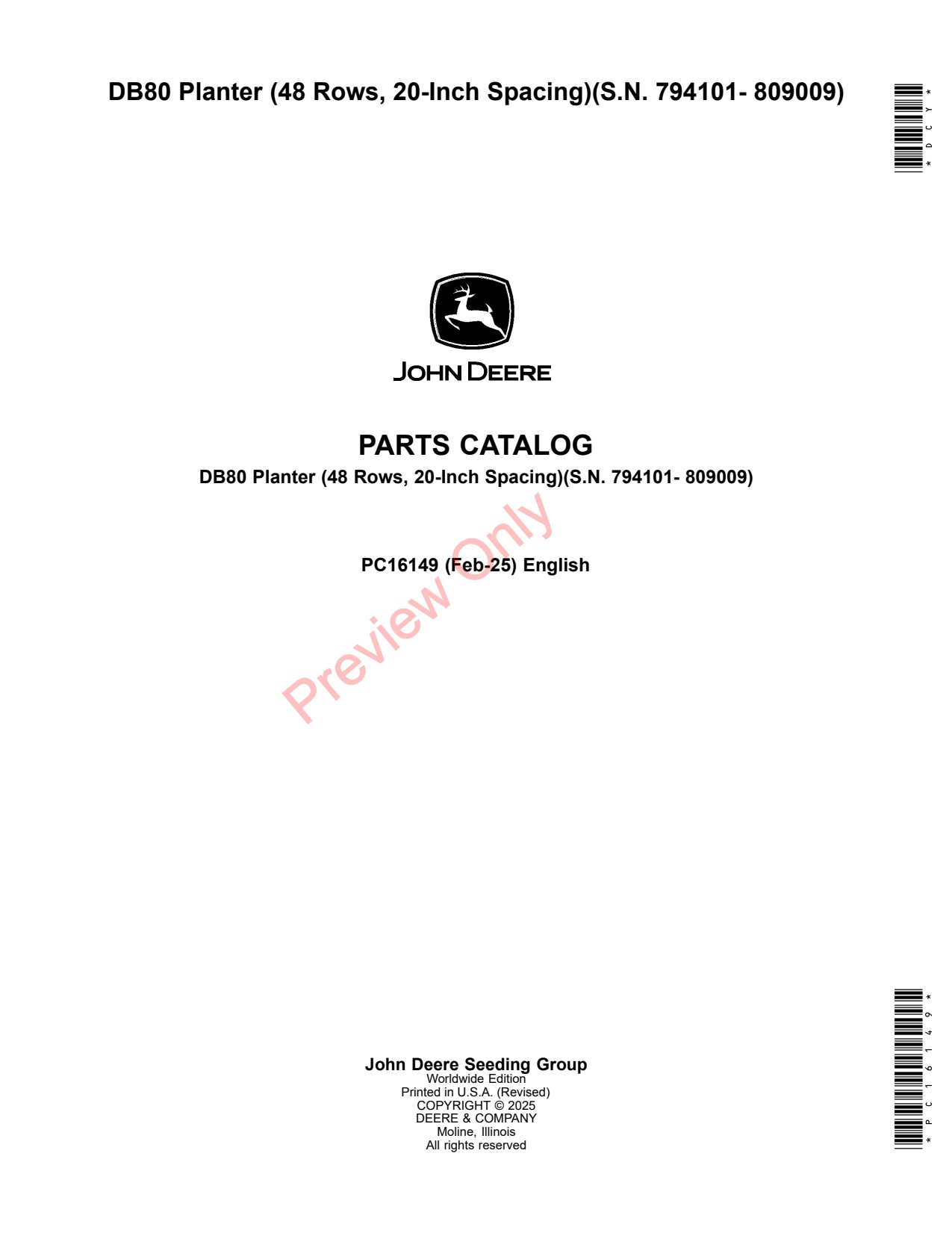 John Deere DB80 48 20 Planter Parts Catalog PC16149 1 John Deere DB80 48 20 Planter Parts Catalog PC16149