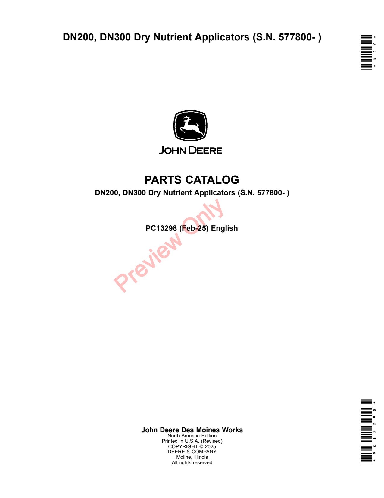 John Deere DN200 DN300 Dry Fertilizer Applicator Parts Catalog PC13298 1 John Deere DN200 DN300 Dry Fertilizer Applicator Parts Catalog PC13298