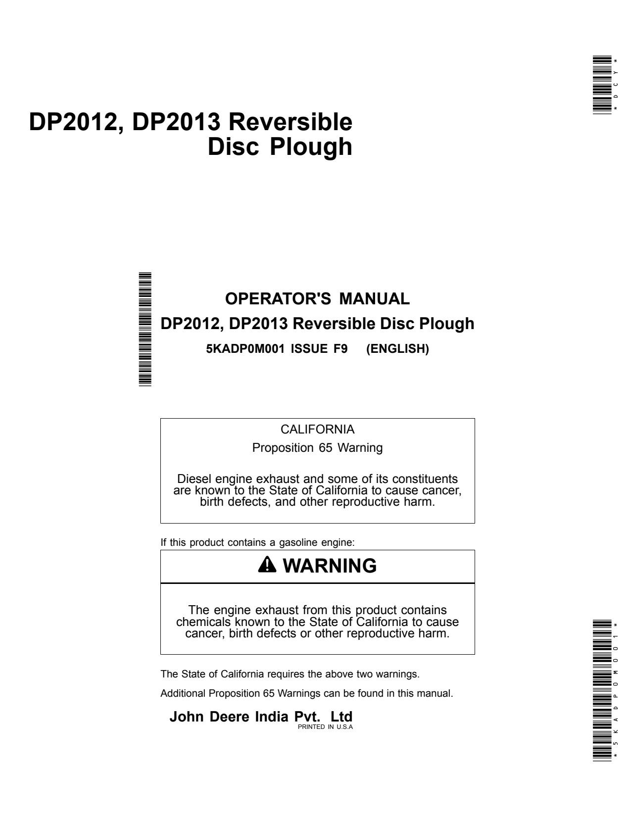 John Deere DP2012 DP2013 Reversible Disk Operator Manual 5KADP0M001 1 John Deere DP2012 DP2013 Reversible Disk Operator Manual 5KADP0M001
