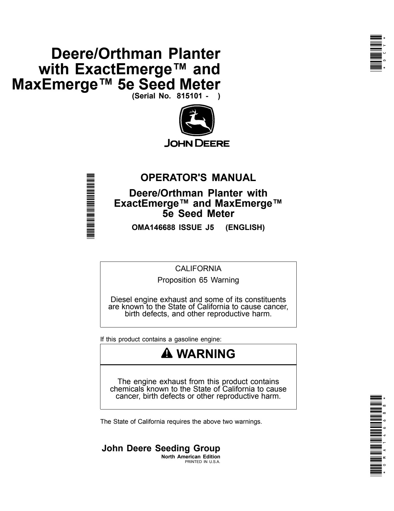 John Deere DR12 DR16 DR18 DR24 5E Orthman Planter Operator Manual OMA146688 1 John Deere DR12 DR16 DR18 DR24 5E Orthman Planter Operator Manual OMA146688