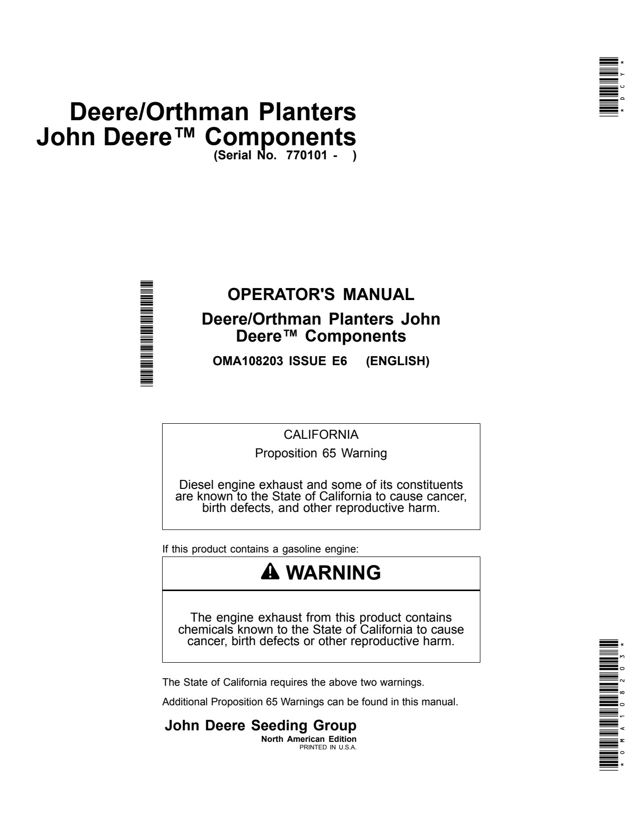 John Deere DR12 DR16 DR18 DR24 Orthman Planter Operator Manual OMA108203 1 John Deere DR12 DR16 DR18 DR24 Orthman Planter Operator Manual OMA108203