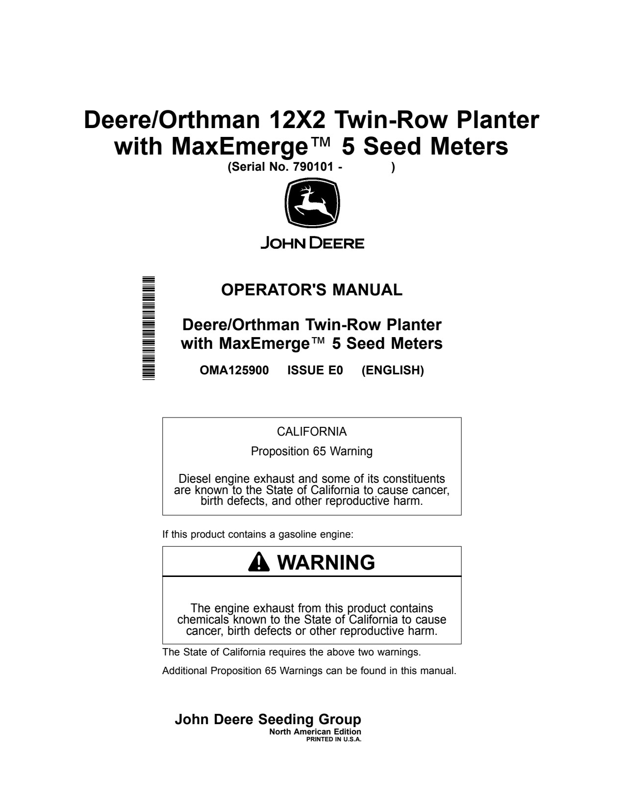 John Deere DR12T 12x2 Twin-Row Planter Operator Manual OMA125900 1 John Deere DR12T 12x2 Twin-Row Planter Operator Manual OMA125900