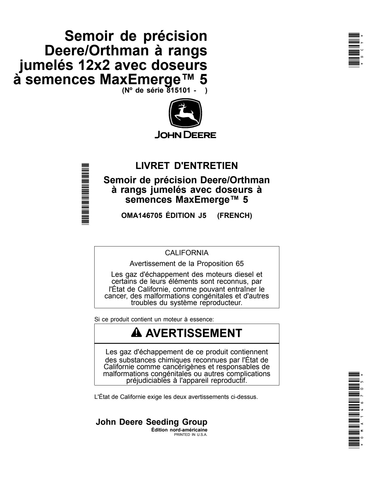 John Deere DR12T 12x2 Twin-Row Planter Operator Manual OMA146705 FR 1 John Deere DR12T 12x2 Twin-Row Planter Operator Manual OMA146705 FR