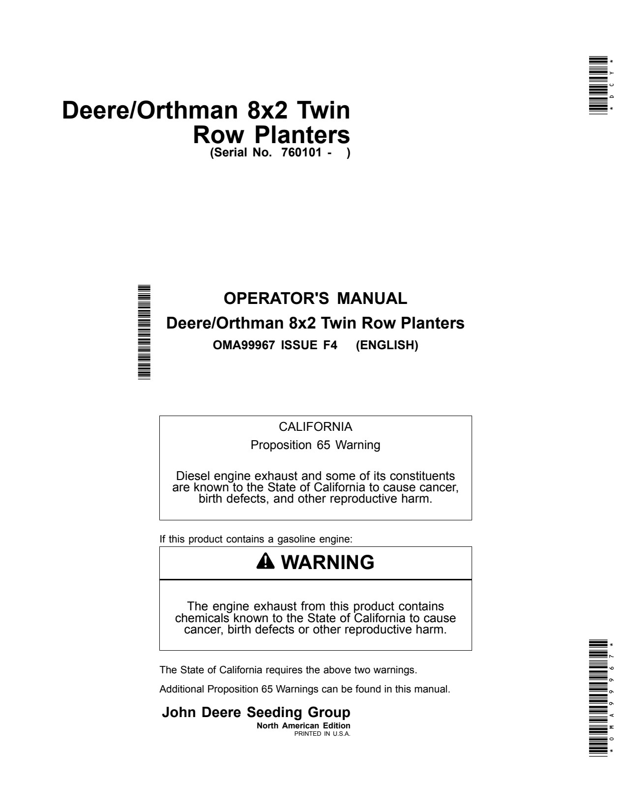 John Deere DR8T 8x2 Twin Row Planter Operator Manual OMA99967 1 John Deere DR8T 8x2 Twin Row Planter Operator Manual OMA99967