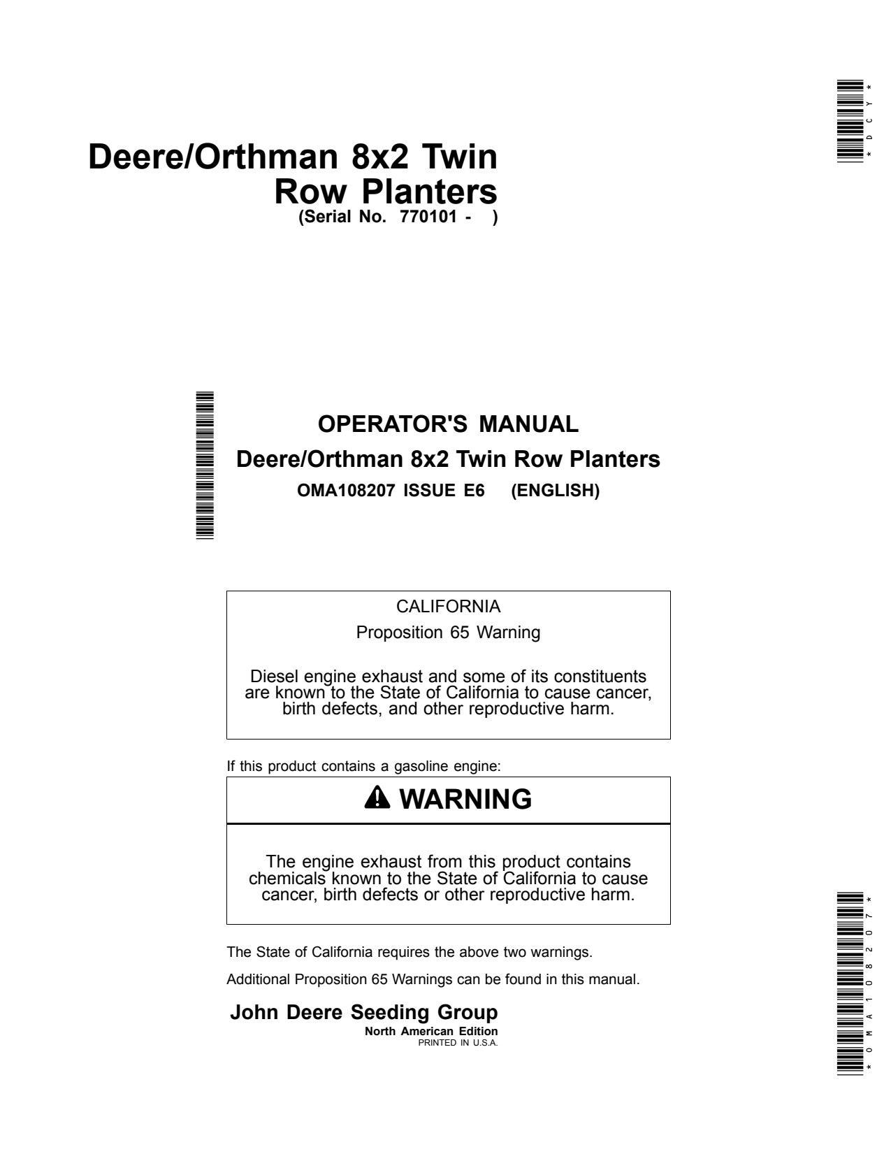 John Deere DR8T Orthman Twin Row Planter Operator Manual OMA108207 1 John Deere DR8T Orthman Twin Row Planter Operator Manual OMA108207