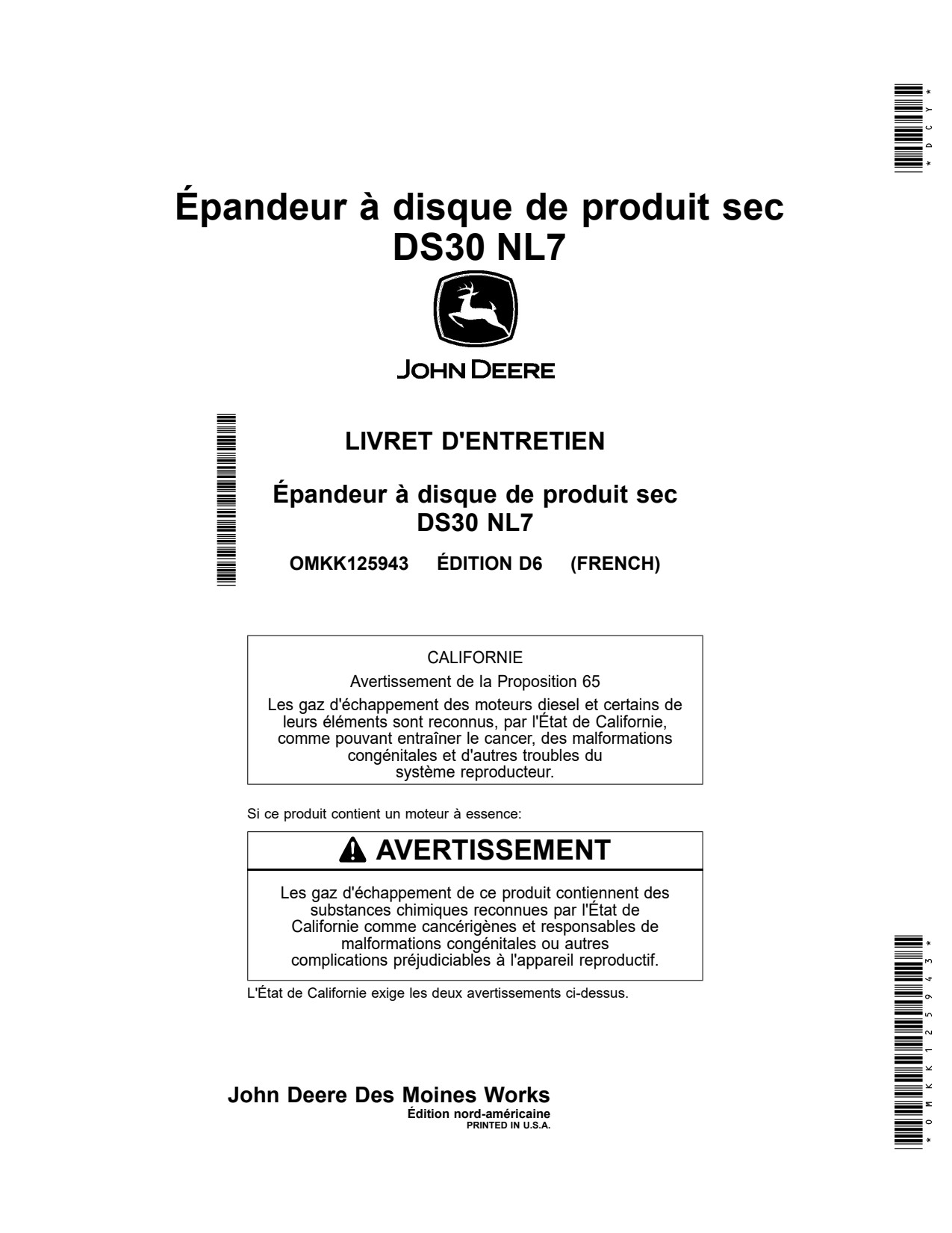 John Deere DS30 NL7 Dry Spinner Spreader Operator Manual OMKK125943 FR 1 John Deere DS30 NL7 Dry Spinner Spreader Operator Manual OMKK125943 FR