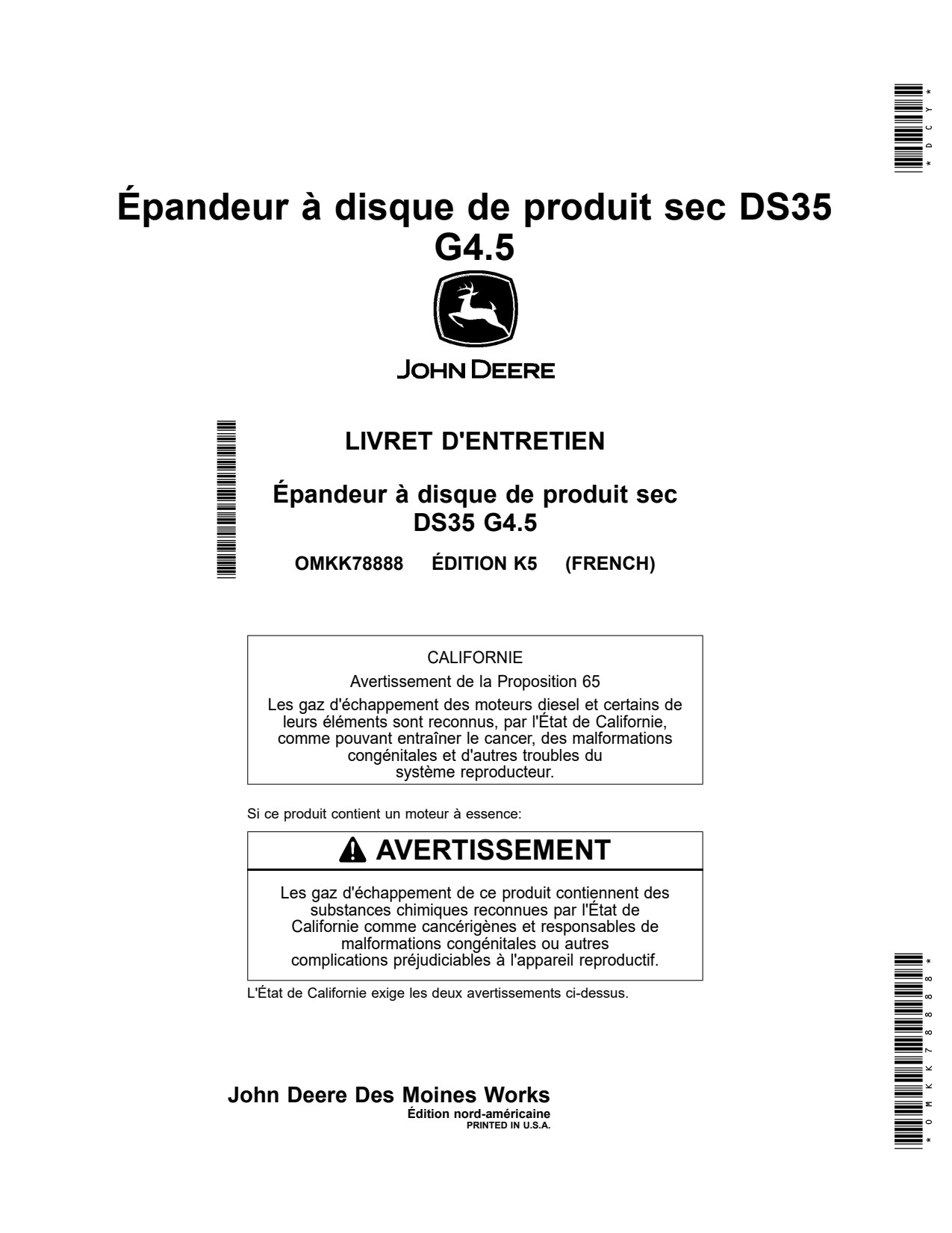 John Deere DS35 G4 Dry Spinner Spreader Operator Manual OMKK78888 FR 1 John Deere DS35 G4 Dry Spinner Spreader Operator Manual OMKK78888 FR