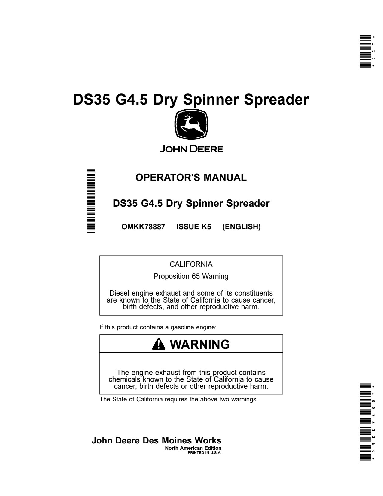 John Deere DS35 G4.5 G4 Dry Spinner Spreader Operator Manual OMKK78887 1 John Deere DS35 G4.5 G4 Dry Spinner Spreader Operator Manual OMKK78887