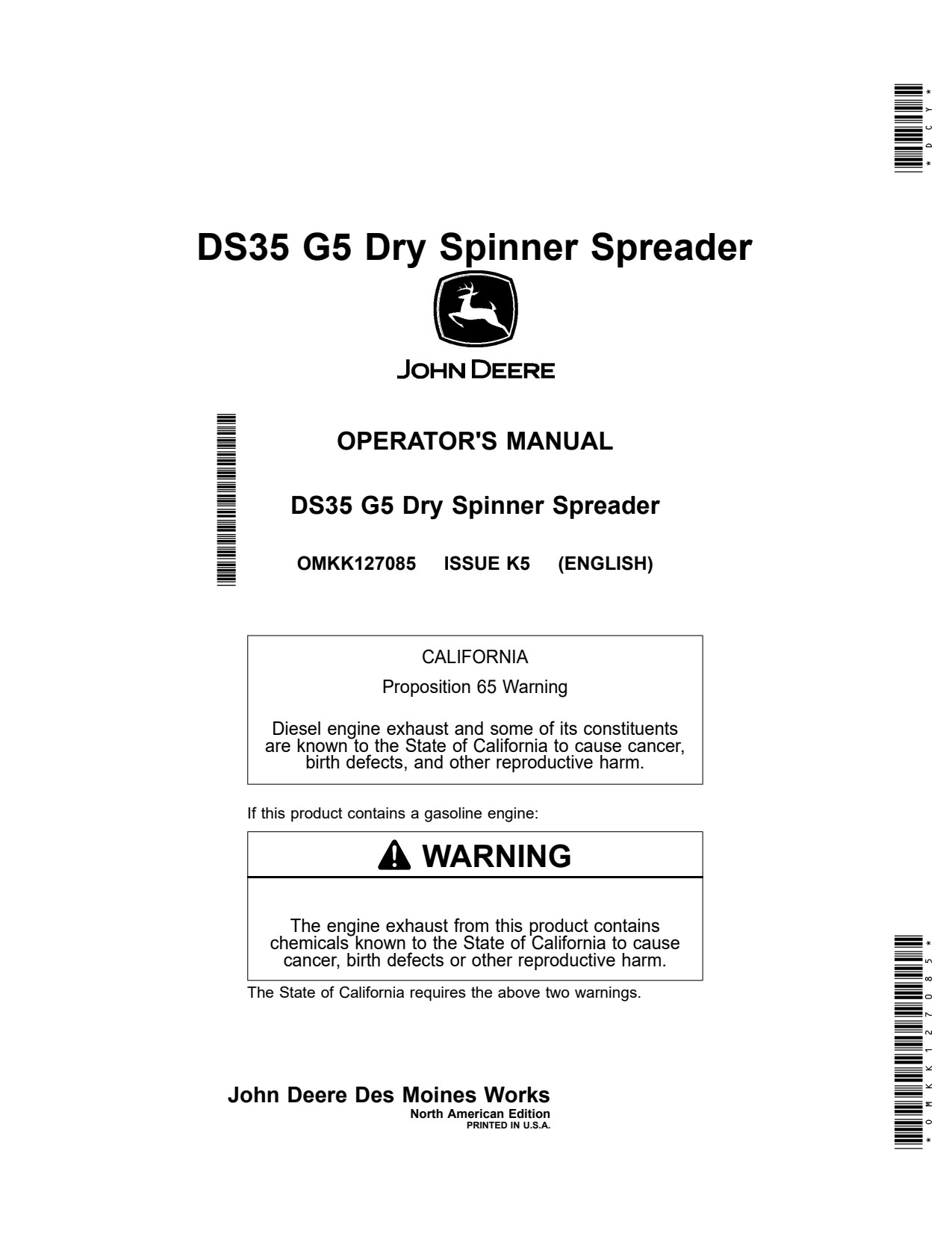John Deere DS35 G5 Dry Spinner Spreader Operator Manual OMKK127085 1 John Deere DS35 G5 Dry Spinner Spreader Operator Manual OMKK127085