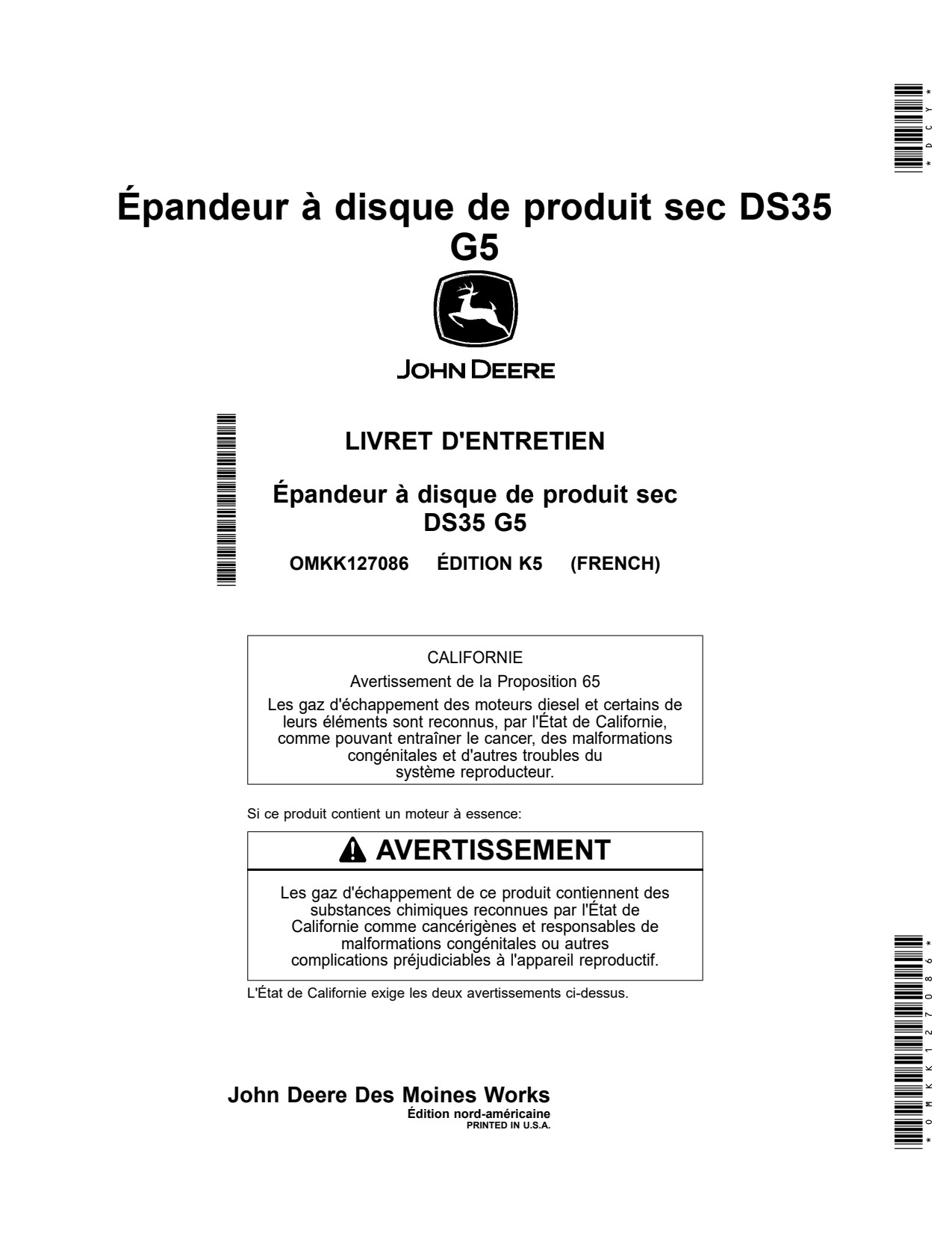 John Deere DS35 G5 Dry Spinner Spreader Operator Manual OMKK127086 FR 1 John Deere DS35 G5 Dry Spinner Spreader Operator Manual OMKK127086 FR