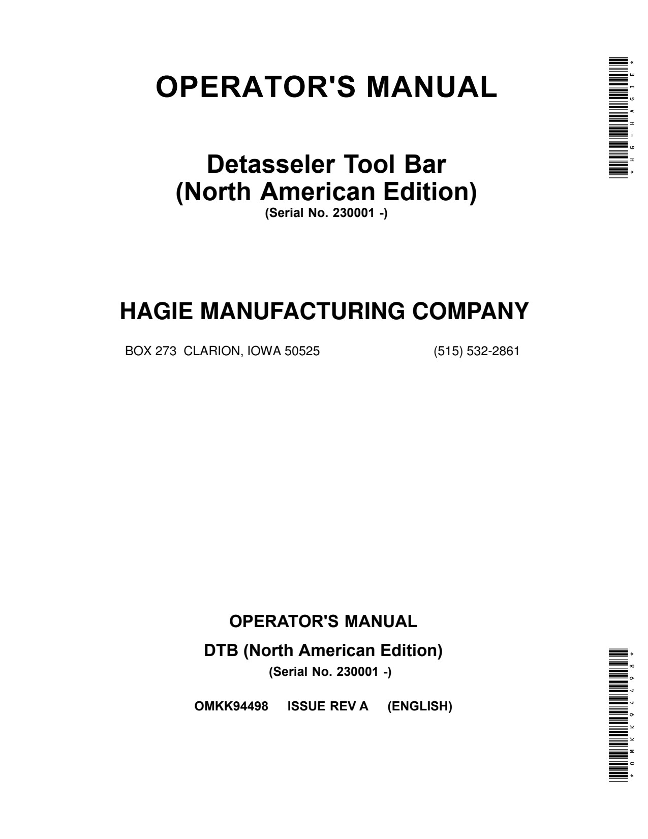 John Deere DTB Detasseler Operator Manual OMKK94498 1 John Deere DTB Detasseler Operator Manual OMKK94498