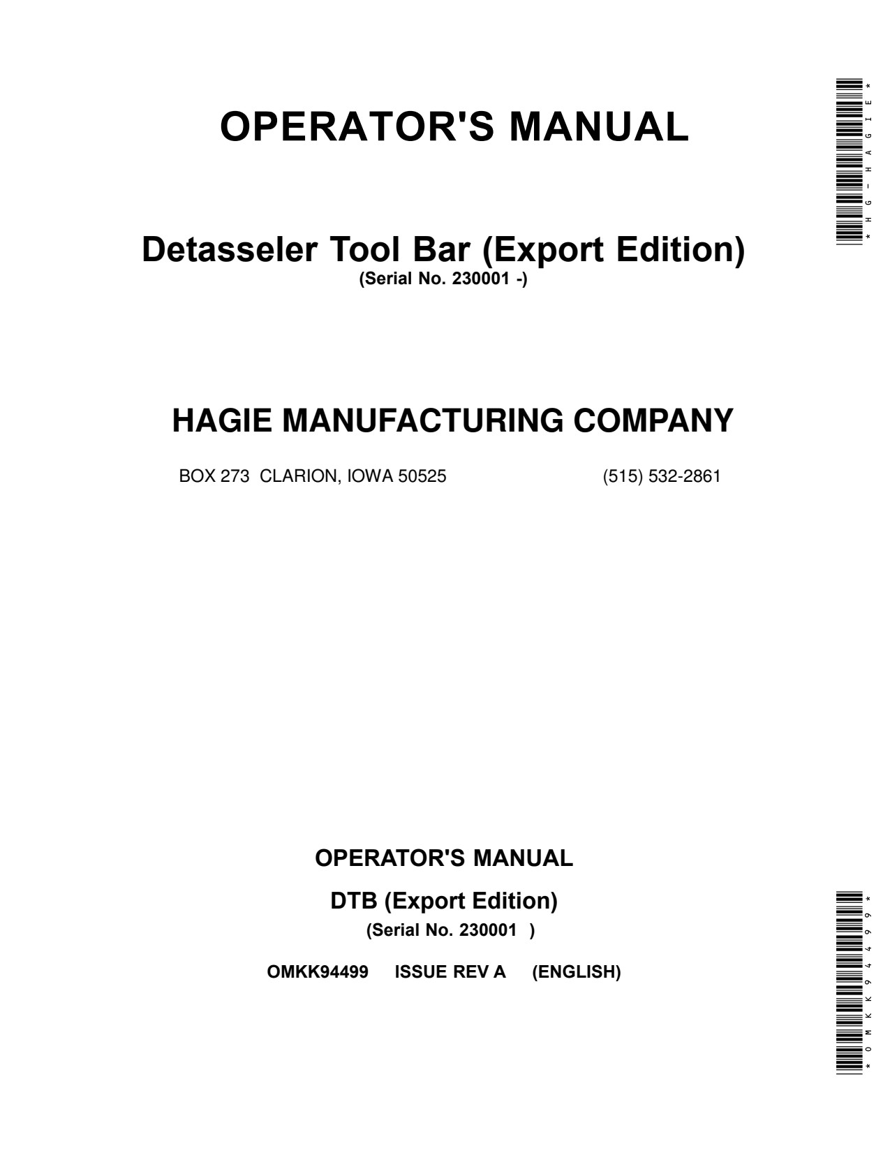 John Deere DTB Detasseler Operator Manual OMKK94499 1 John Deere DTB Detasseler Operator Manual OMKK94499