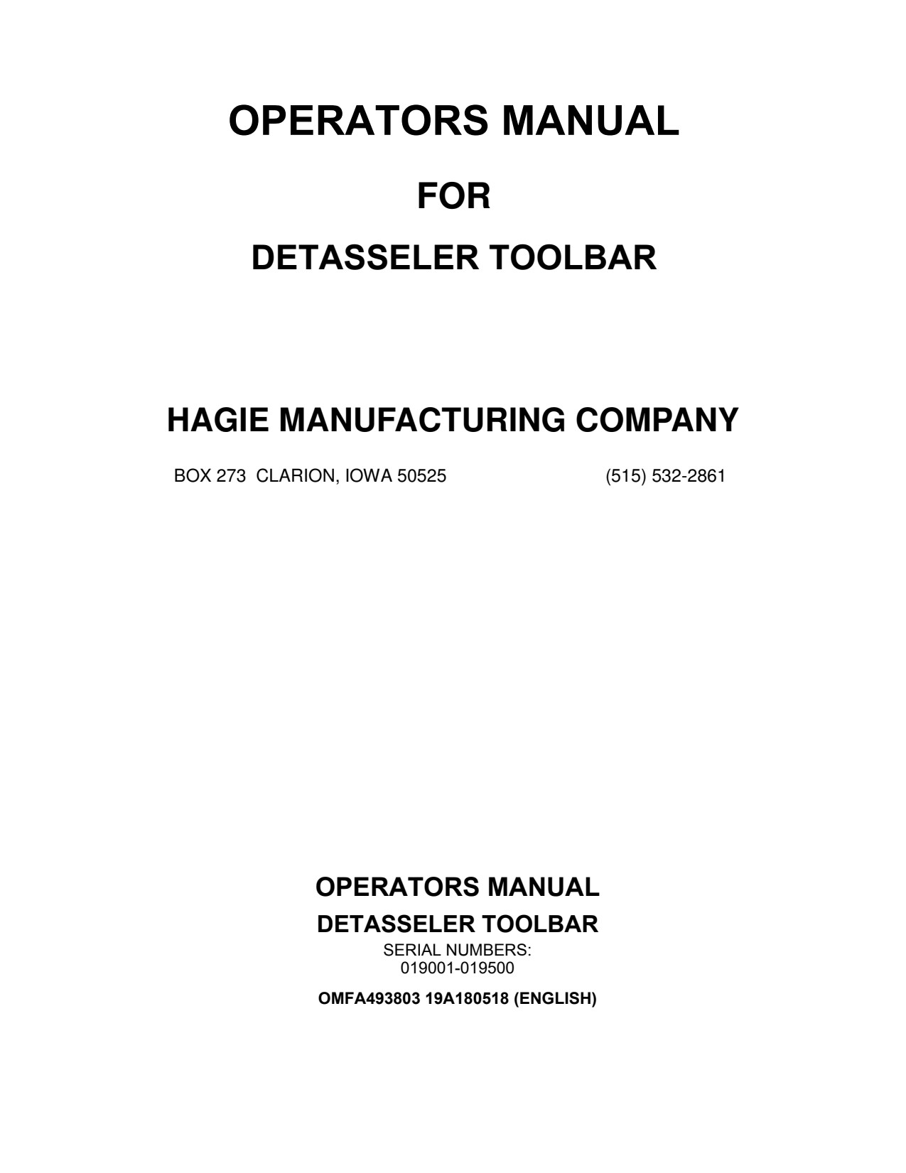 John Deere DTB Detasseler Toolbar Self-Propelled Sprayer Operator Manual OMFA493803 1 John Deere DTB Detasseler Toolbar Self-Propelled Sprayer Operator Manual OMFA493803