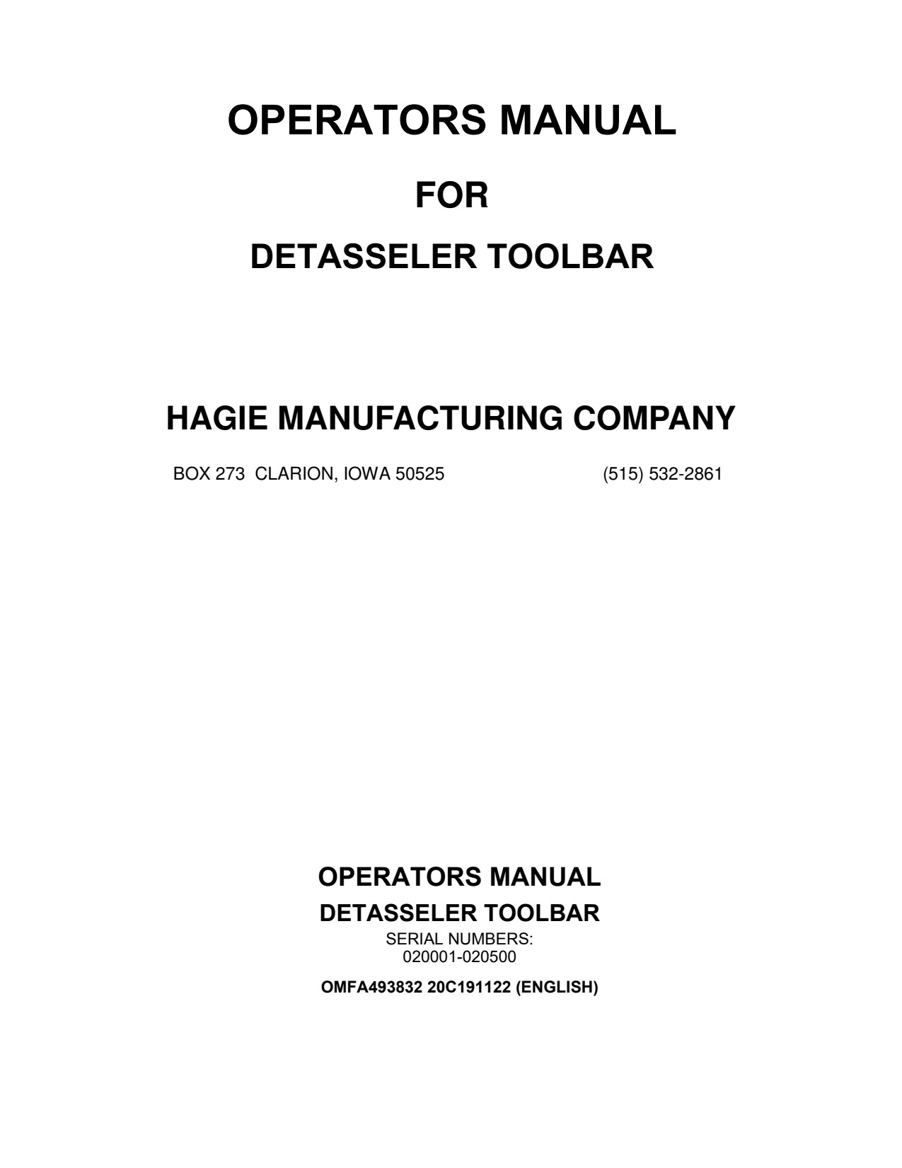 John Deere DTB Detasseler Toolbar Self-Propelled Sprayer Operator Manual OMFA493832 1 John Deere DTB Detasseler Toolbar Self-Propelled Sprayer Operator Manual OMFA493832