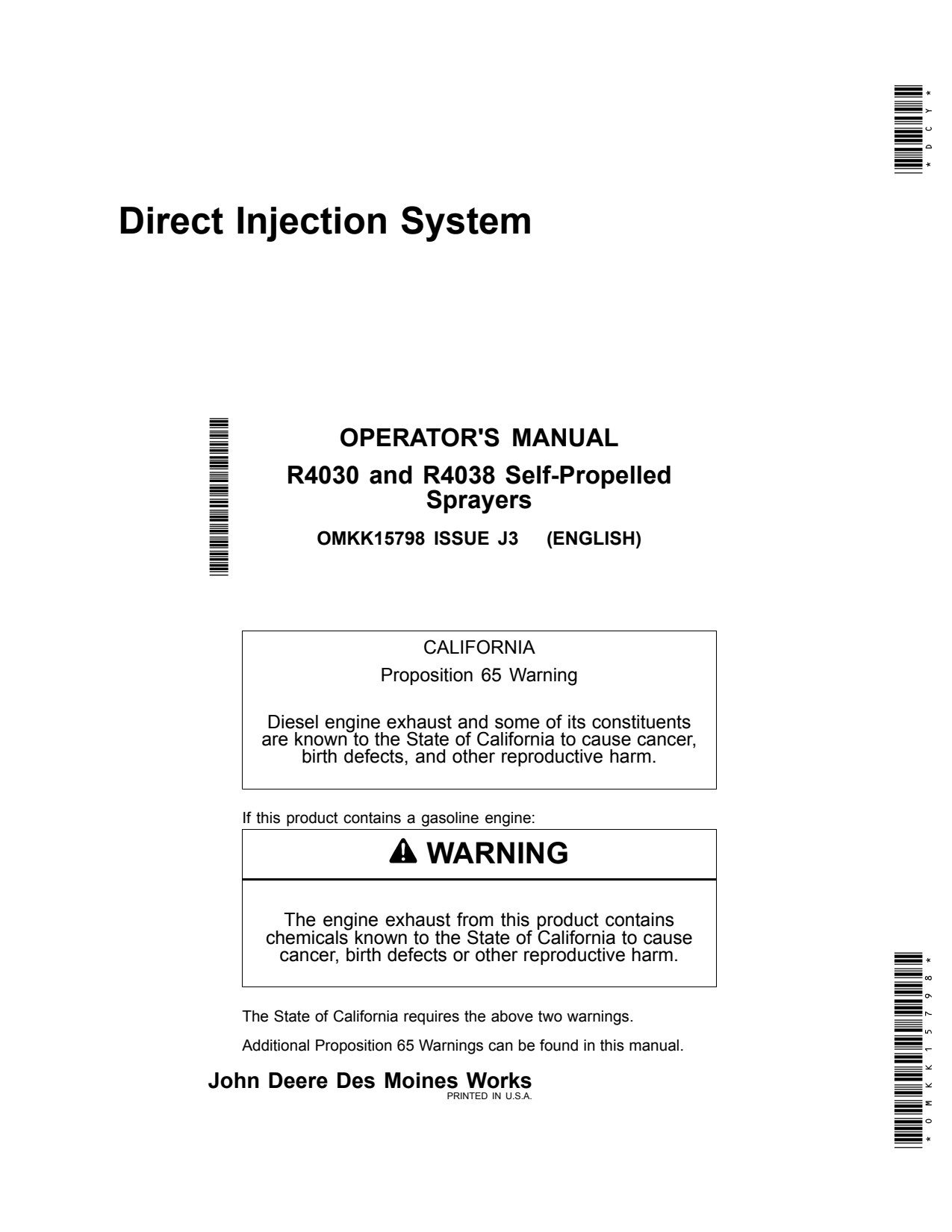 John Deere Direct R4030 R4038 Self-Propelled Sprayer Operator Manual OMKK15798 1 John Deere Direct R4030 R4038 Self-Propelled Sprayer Operator Manual OMKK15798