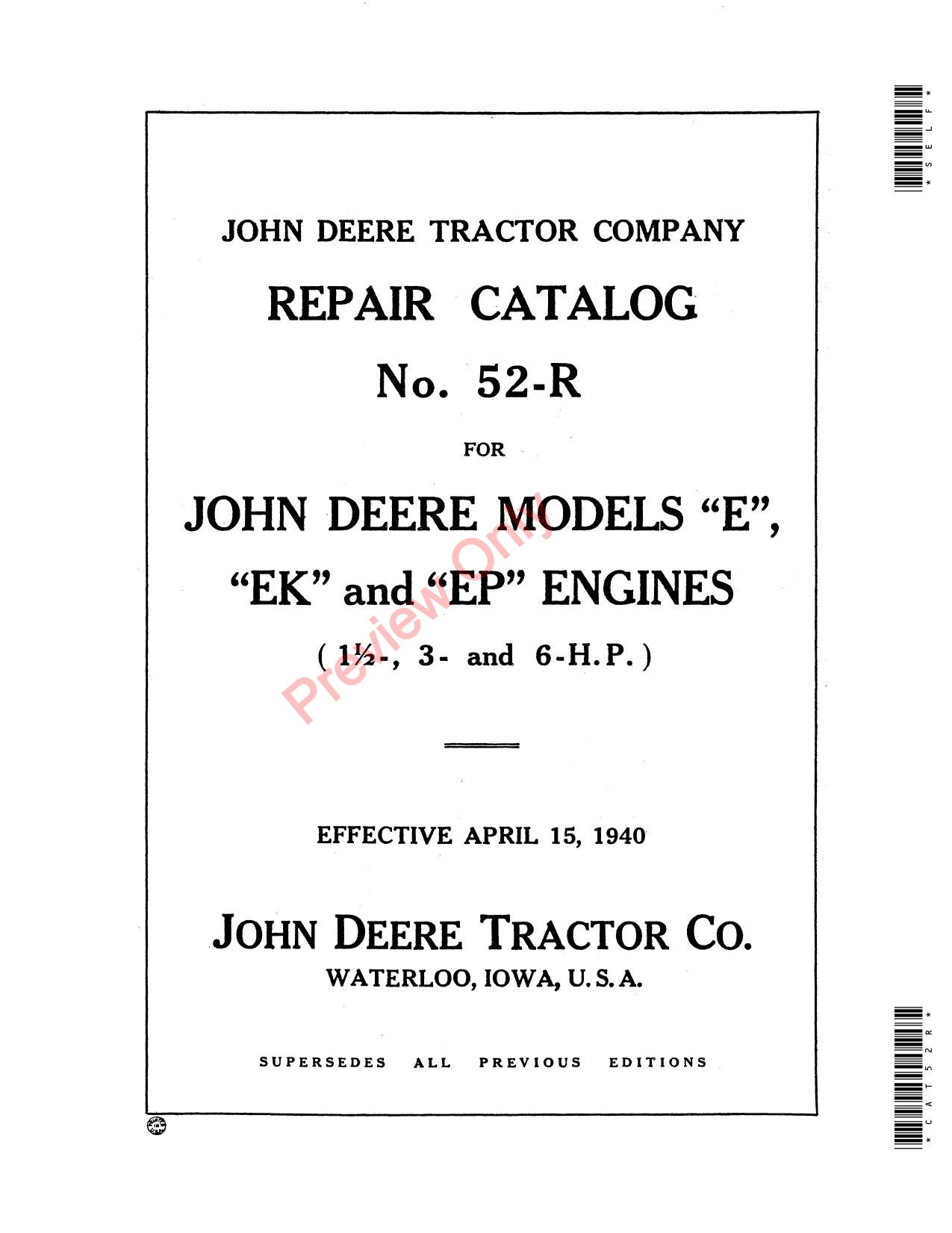 John Deere E EK EP 52 Engine Parts Catalog CAT52R 1 John Deere E EK EP 52 Engine Parts Catalog CAT52R