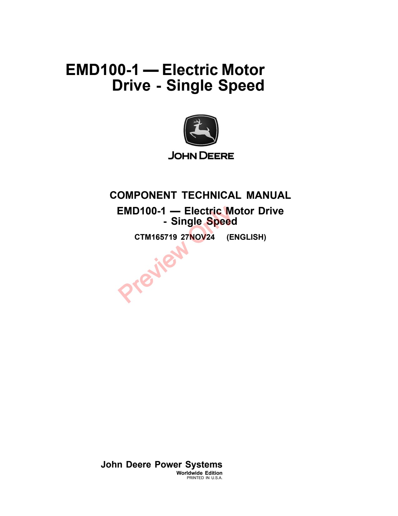 John Deere EMD100-1 Electric Drive System Component Technical Manual CTM165719 1 John Deere EMD100-1 Electric Drive System Component Technical Manual CTM165719