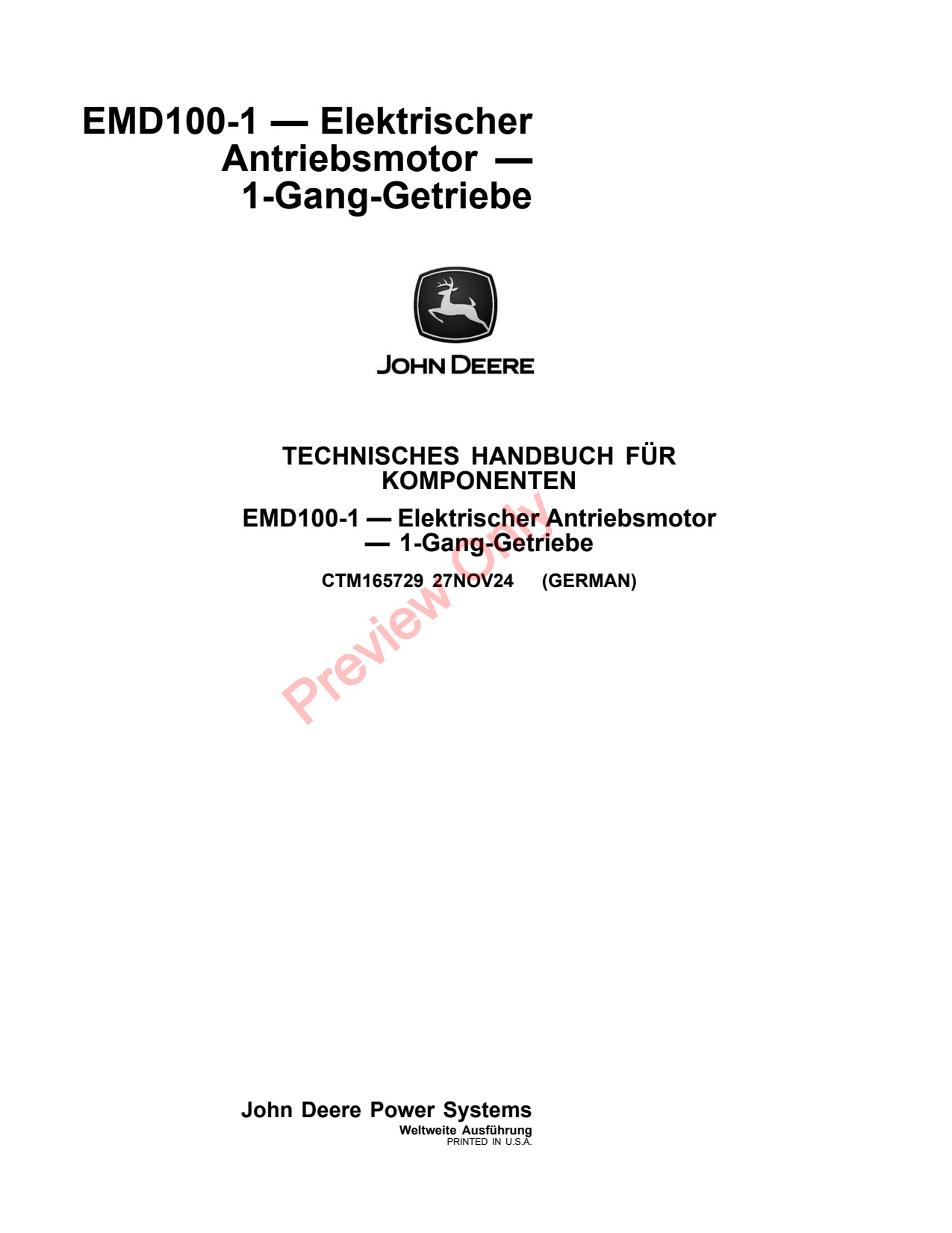 John Deere EMD100-1 Electric Drive System Component Technical Manual CTM165729 DE 1 John Deere EMD100-1 Electric Drive System Component Technical Manual CTM165729 DE