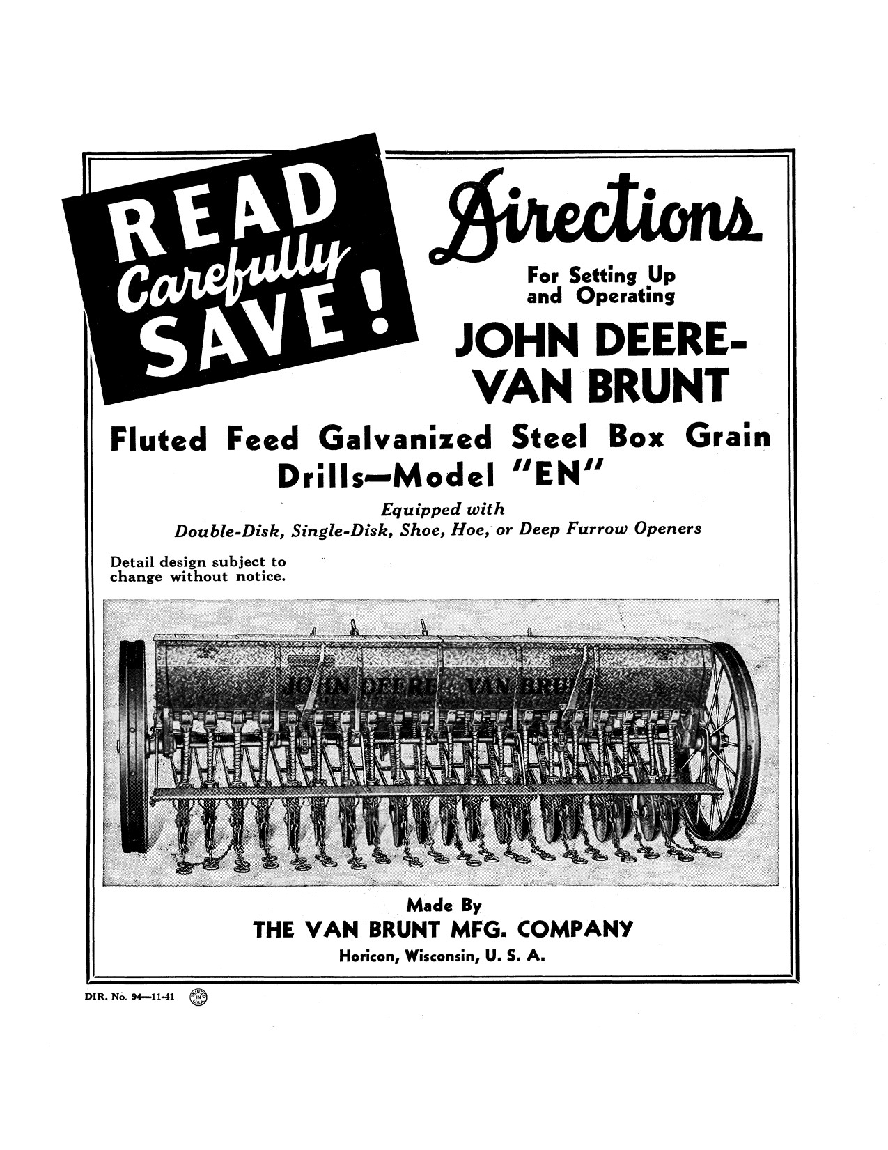John Deere EN Steel Box Grain Drill Operator Manual DIR94A 1 John Deere EN Steel Box Grain Drill Operator Manual DIR94A