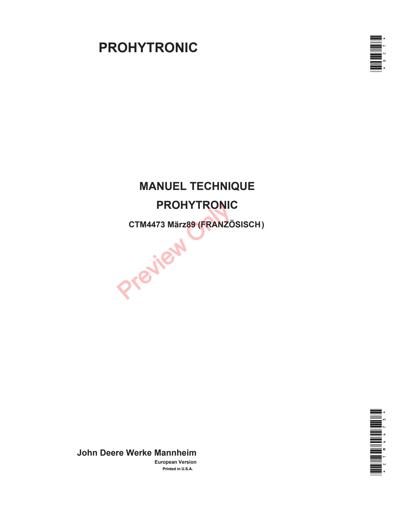 John Deere Electronic Hitch Control PROHYTRONIC Component Technical Manual CTM4473 FR 1 John Deere Electronic Hitch Control PROHYTRONIC Component Technical Manual CTM4473 FR