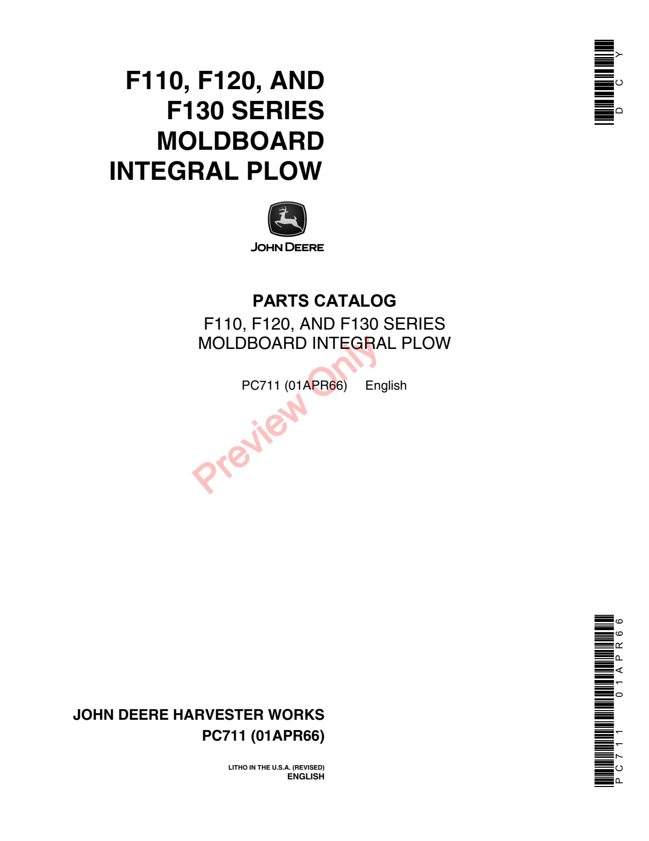 John Deere F110 to F130 Moldboard Integral Plow Parts Catalog PC711 1 John Deere F110 to F130 Moldboard Integral Plow Parts Catalog PC711