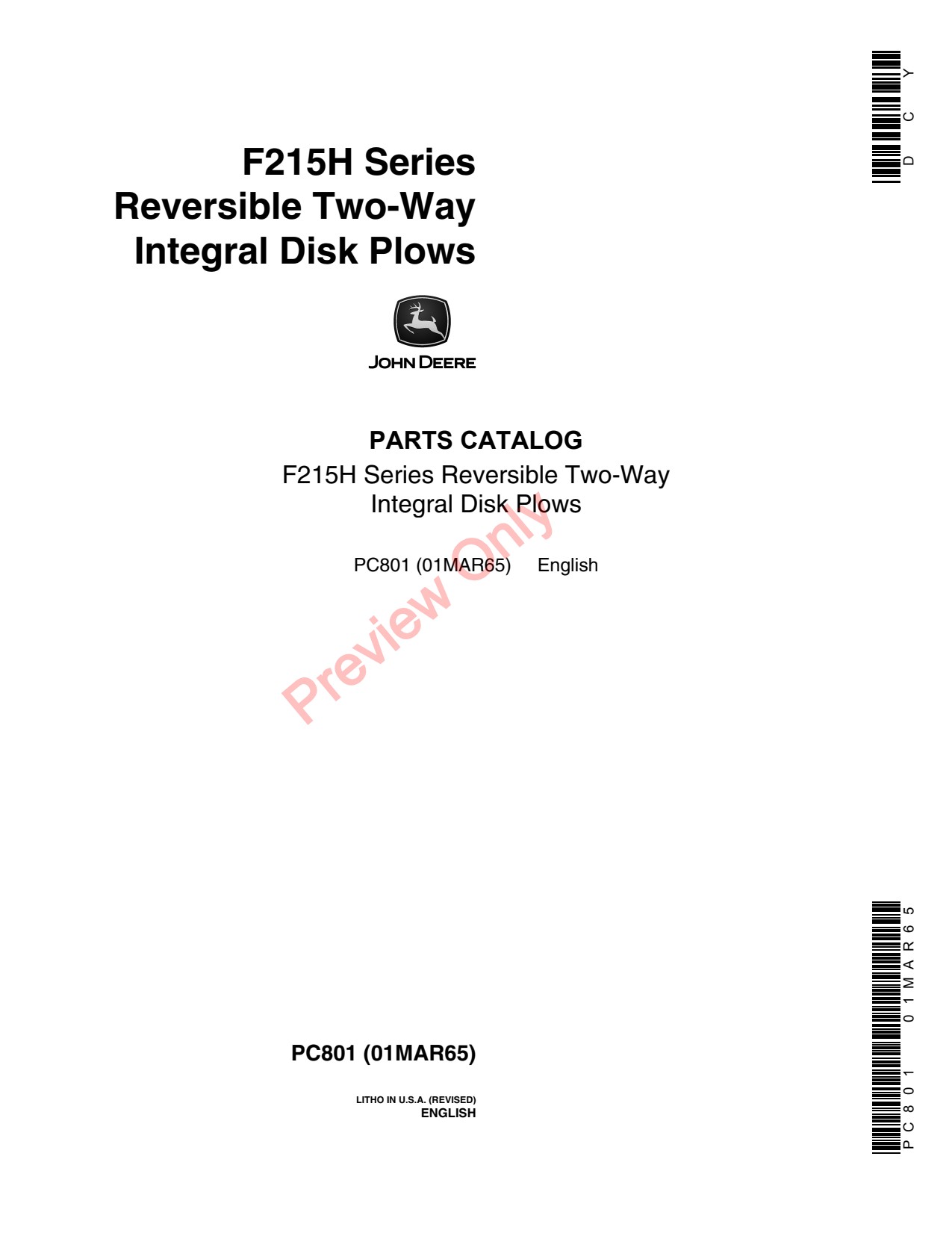 John Deere F215H Two-way Integral Disk Parts Catalog PC801 1 John Deere F215H Two-way Integral Disk Parts Catalog PC801