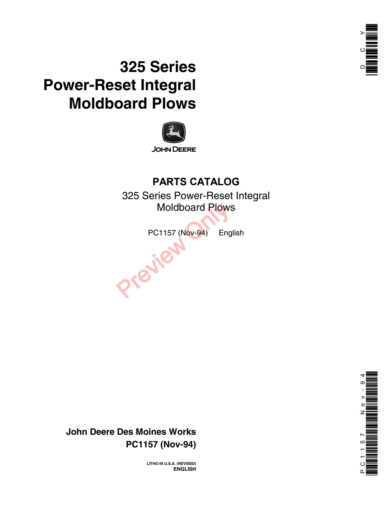 John Deere F325 Power-reset Integral Moldboard Plow Parts Catalog PC1157 1 John Deere F325 Power-reset Integral Moldboard Plow Parts Catalog PC1157