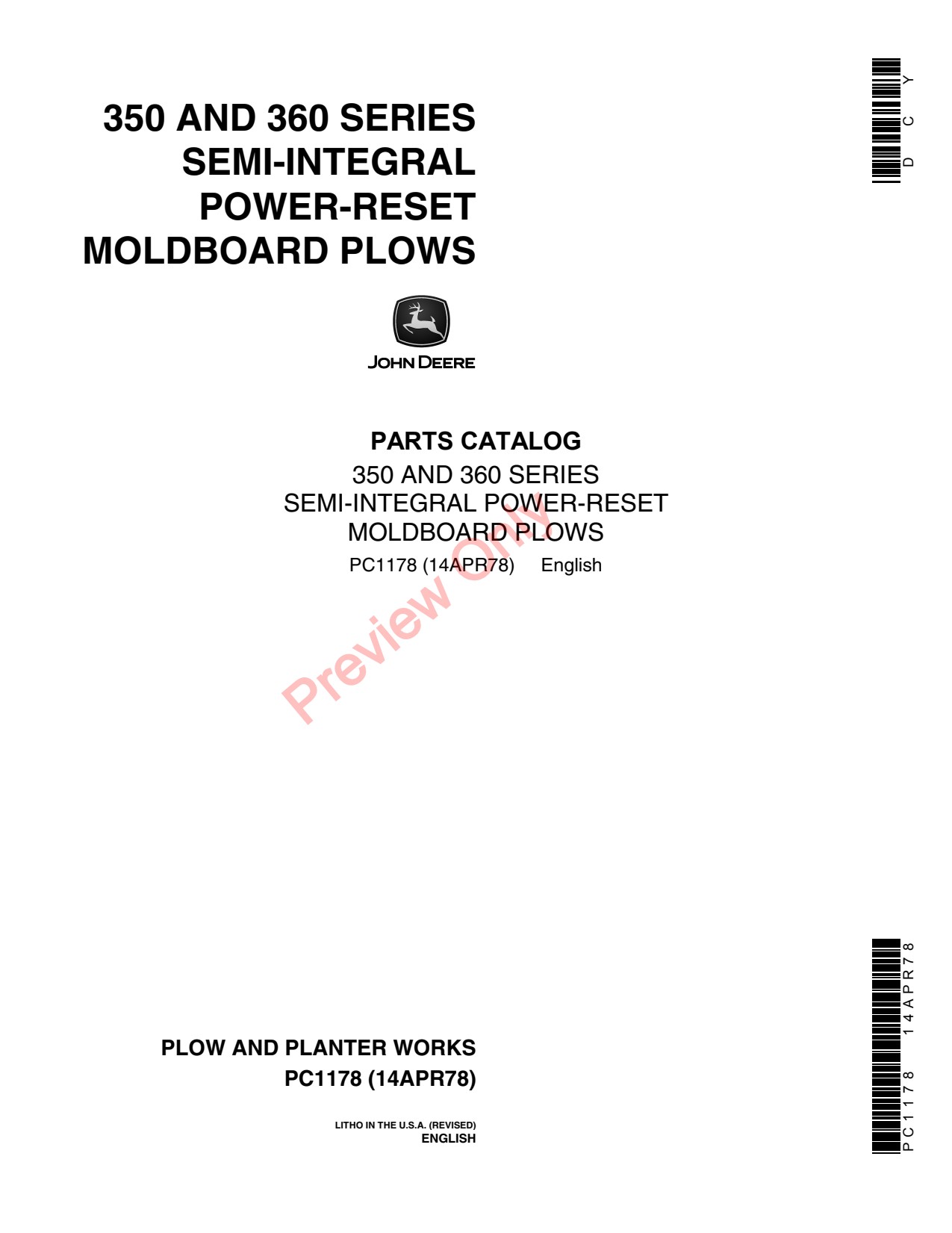 John Deere F350 F360 Semi-integral Power-reset Moldboard Plow Parts Catalog PC1178 1 John Deere F350 F360 Semi-integral Power-reset Moldboard Plow Parts Catalog PC1178