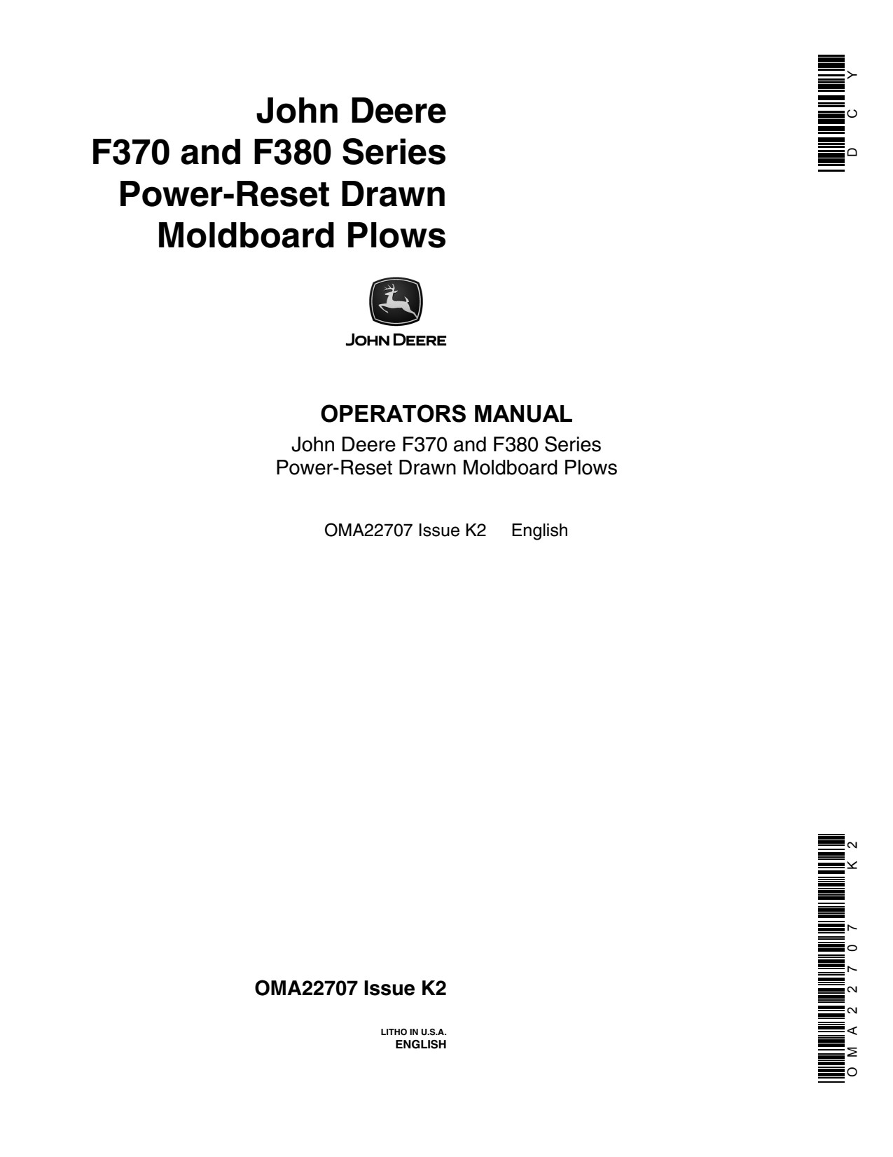 John Deere F370 F380 Power-reset Drawn Moldboard Plow Operator Manual OMA22707 1 John Deere F370 F380 Power-reset Drawn Moldboard Plow Operator Manual OMA22707
