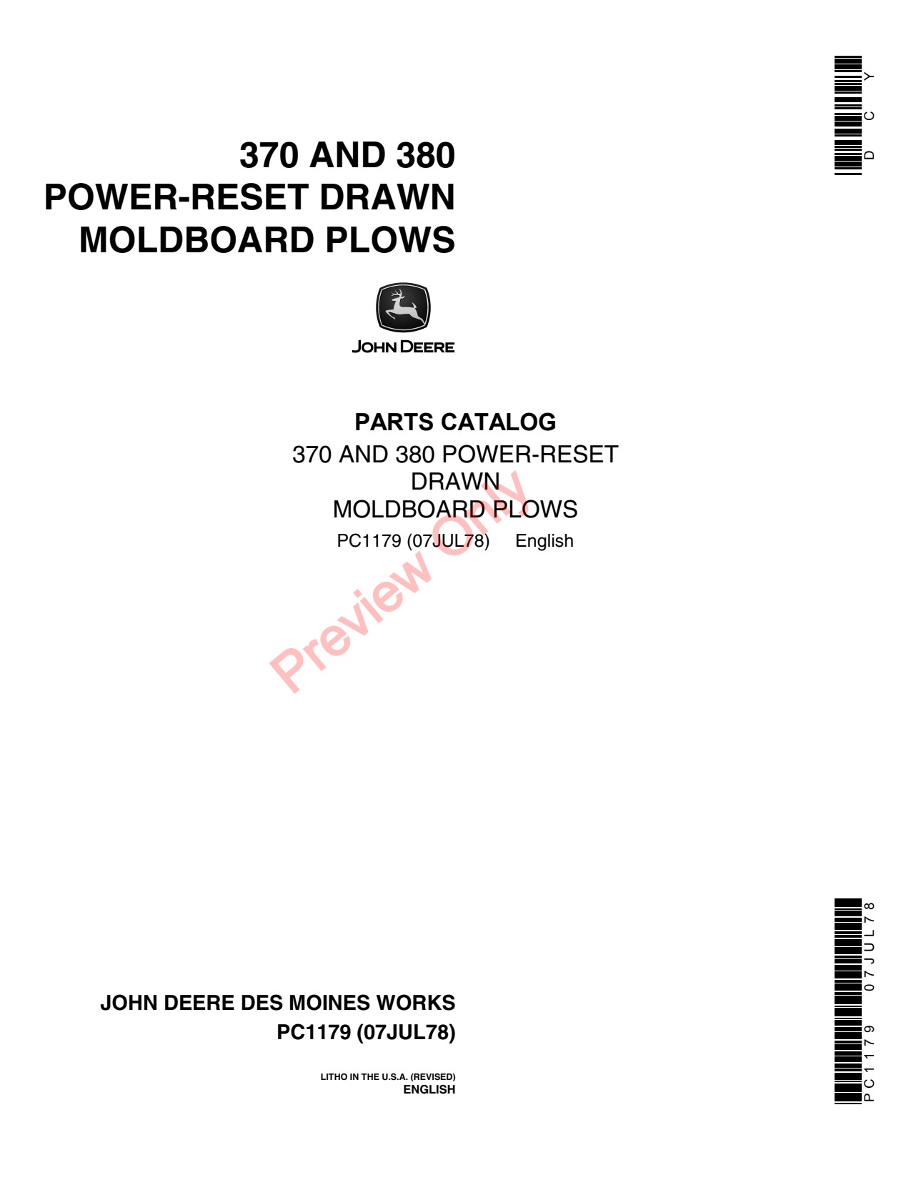 John Deere F370 F380 Power-reset Drawn Moldboard Plow Parts Catalog PC1179 1 John Deere F370 F380 Power-reset Drawn Moldboard Plow Parts Catalog PC1179
