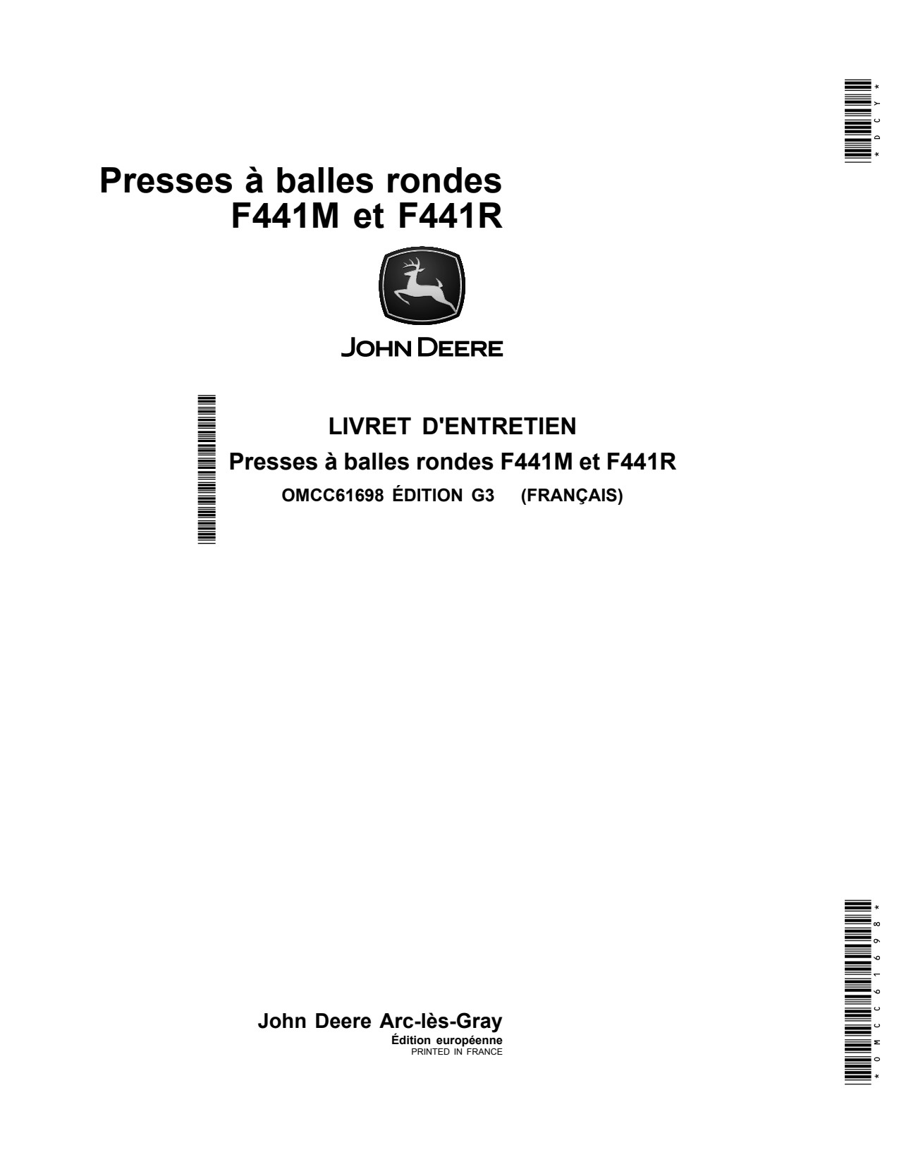 John Deere F441M F441R Round Baler Operator Manual OMCC61698 FR 1 John Deere F441M F441R Round Baler Operator Manual OMCC61698 FR