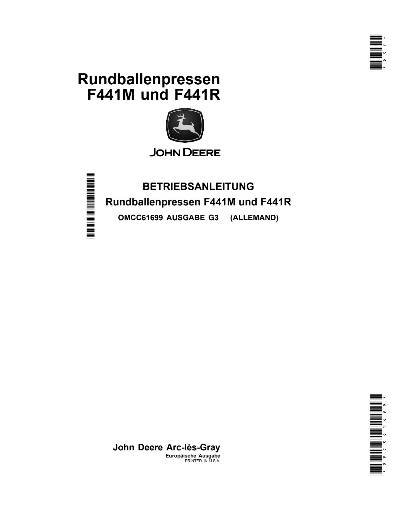 John Deere F441M F441R Round Baler Operator Manual OMCC61699 DE 1 John Deere F441M F441R Round Baler Operator Manual OMCC61699 DE