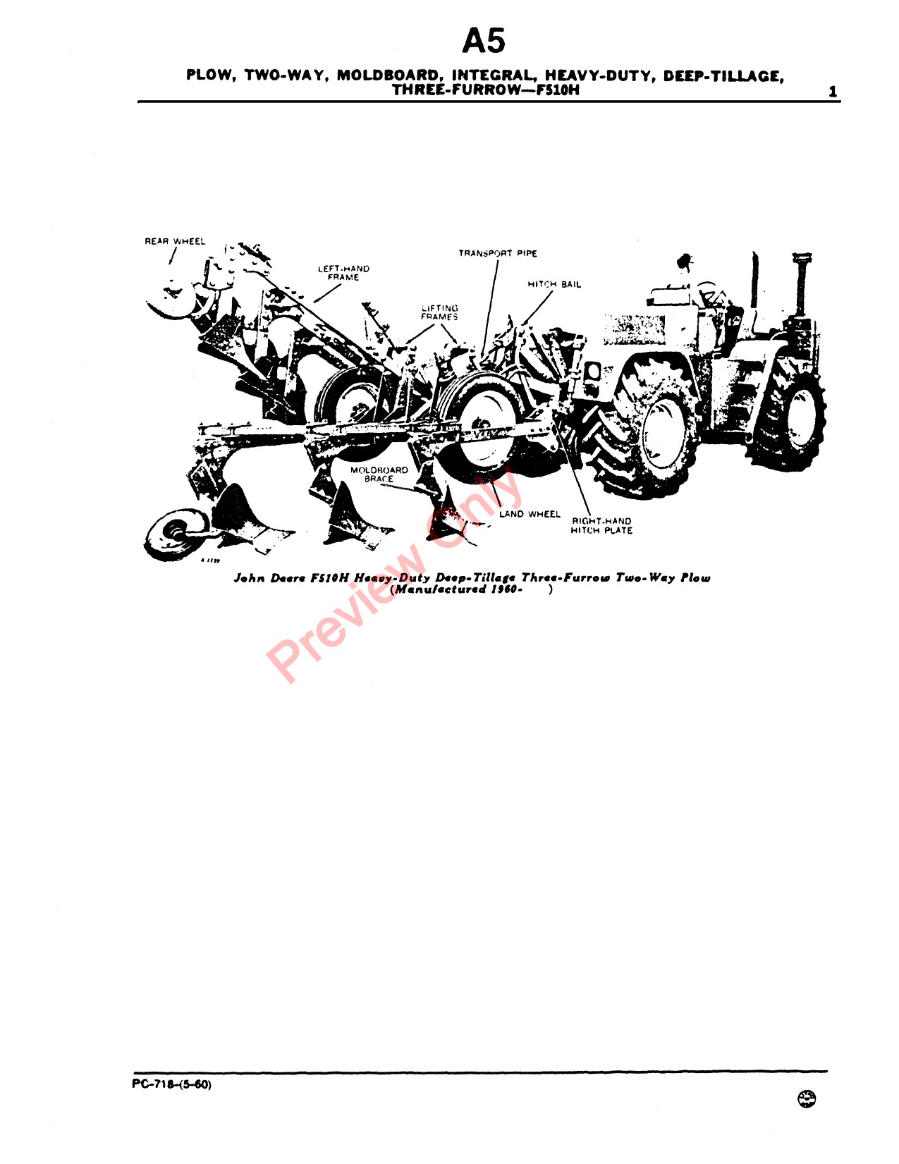 John Deere F510H Deep-tillage Two-way Moldboard Plow Parts Catalog PC718 1 John Deere F510H Deep-tillage Two-way Moldboard Plow Parts Catalog PC718