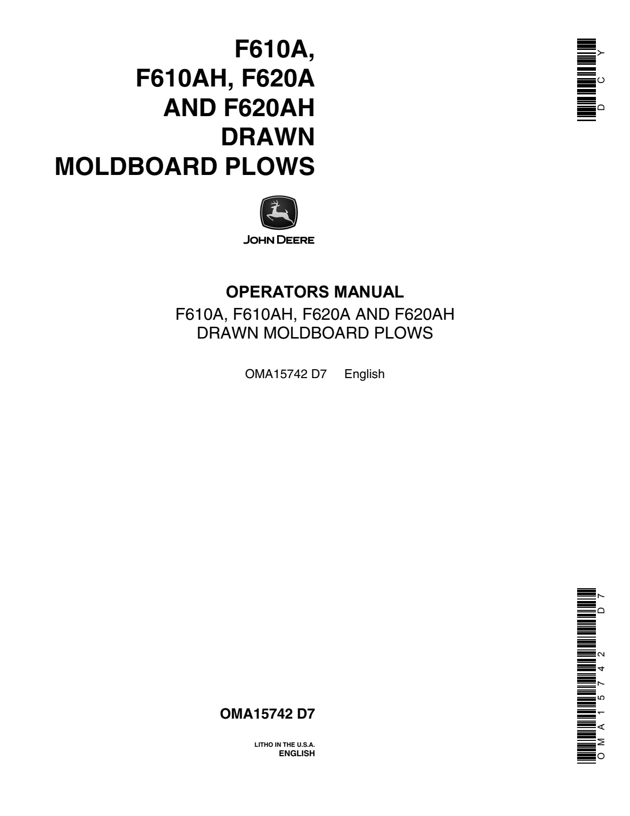 John Deere F610A F610AH F620A F620AH Drawn Moldboard Plow Operator Manual OMA15742 1 John Deere F610A F610AH F620A F620AH Drawn Moldboard Plow Operator Manual OMA15742