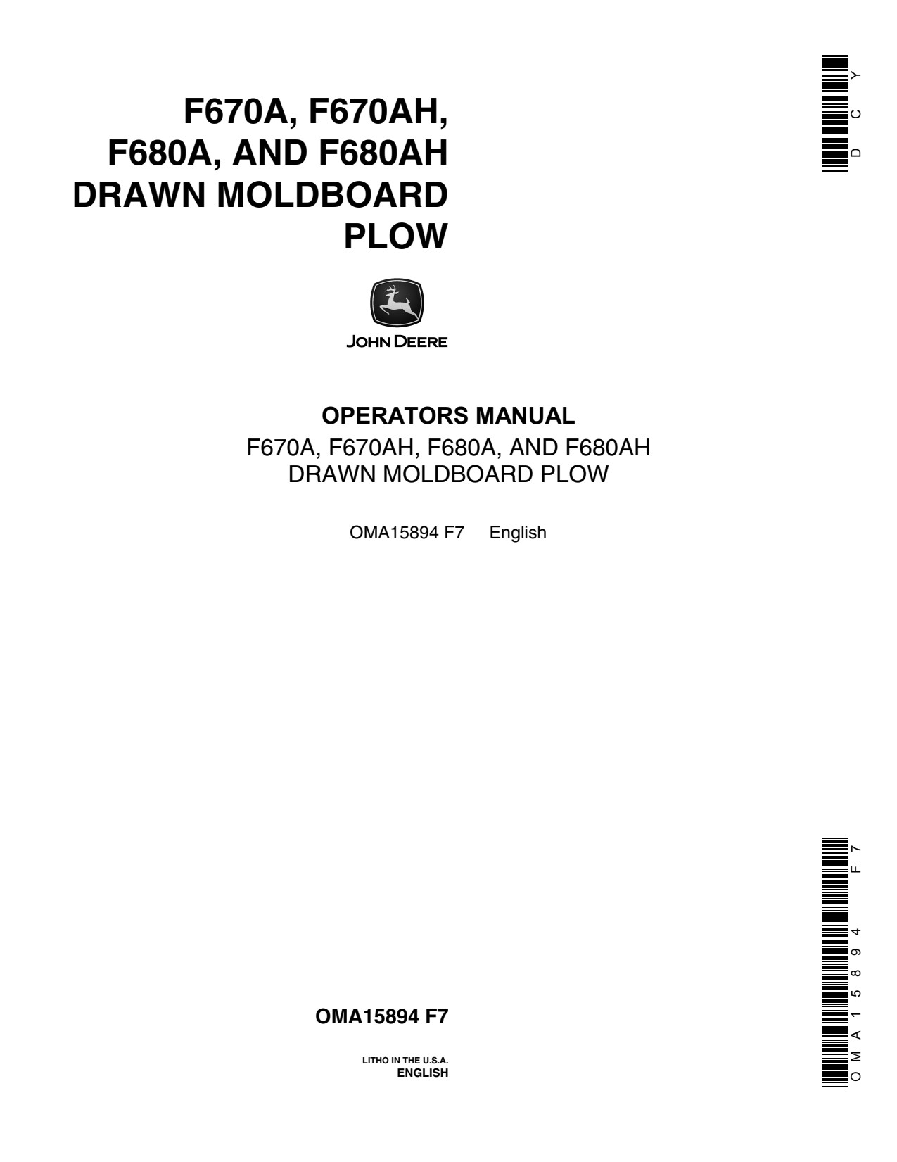 John Deere F670A F670AH F680A F680AH Drawn Moldboard Plow Operator Manual OMA15894 1 John Deere F670A F670AH F680A F680AH Drawn Moldboard Plow Operator Manual OMA15894