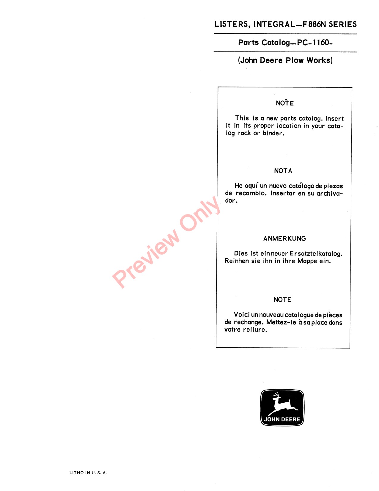 John Deere F886N Integral Lister Parts Catalog PC1160