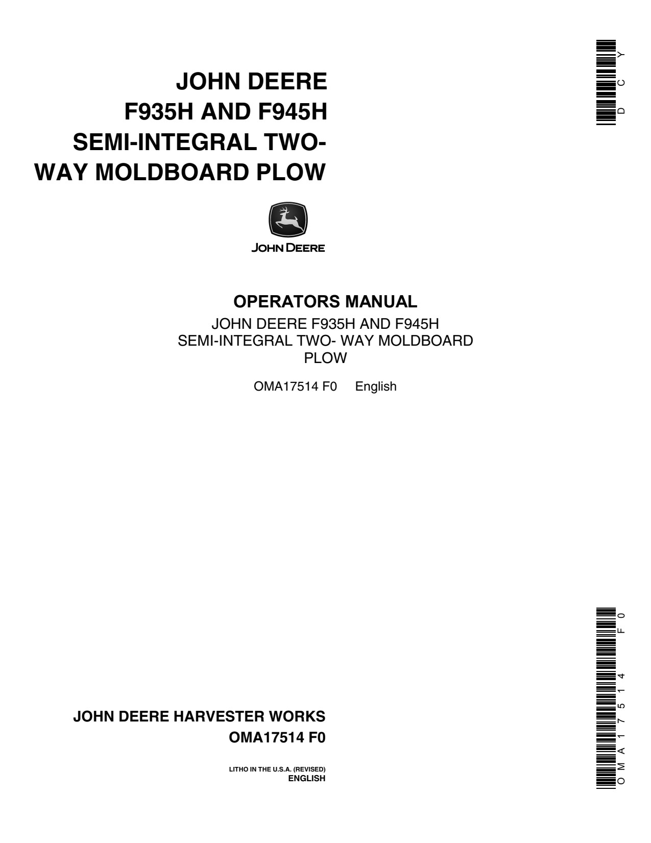 John Deere F935H F945H Two-Way Moldboard Plow Operator Manual OMA17514 1 John Deere F935H F945H Two-Way Moldboard Plow Operator Manual OMA17514