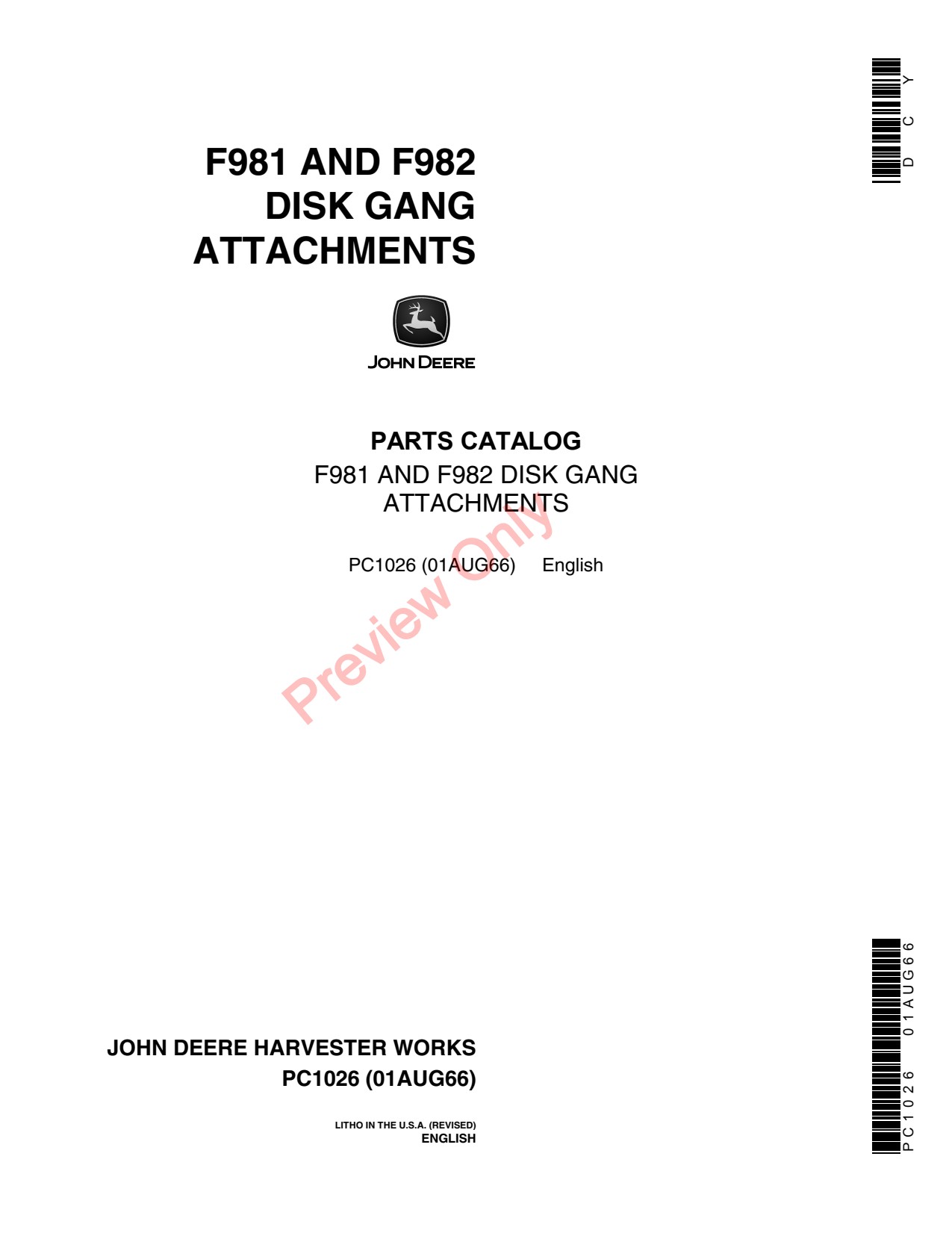 John Deere F981 F982 Disk Gang Attachment Parts Catalog PC1026 1 John Deere F981 F982 Disk Gang Attachment Parts Catalog PC1026