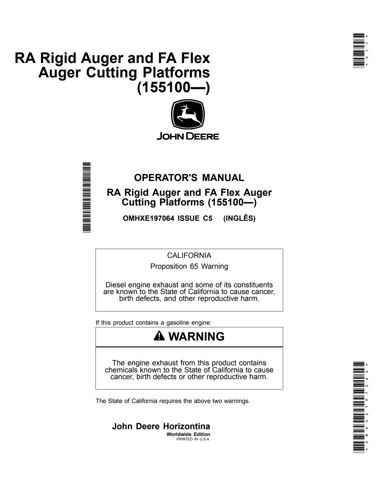 John Deere FA16 to FA22 FA25 FA35 RA16 RA22 RA25 Flex Auger Header Platform Operator Manual OMHXE197064 1 John Deere FA16 to FA22 FA25 FA35 RA16 RA22 RA25 Flex Auger Header Platform Operator Manual OMHXE197064