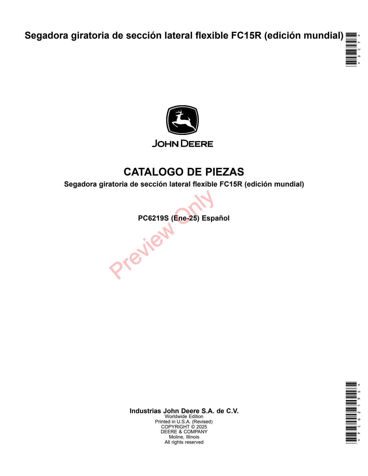 John Deere FC15R Flex Wing Rotary Cutter Parts Catalog PC6219S ES 1 John Deere FC15R Flex Wing Rotary Cutter Parts Catalog PC6219S ES