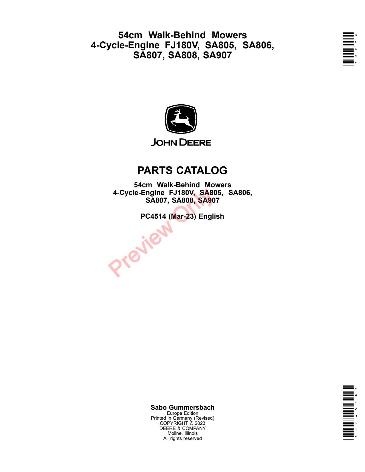 John Deere FJ180V SA805 to SA808 SA907 54CM Walk-Behind Mower Parts Catalog PC4514 1 John Deere FJ180V SA805 to SA808 SA907 54CM Walk-Behind Mower Parts Catalog PC4514