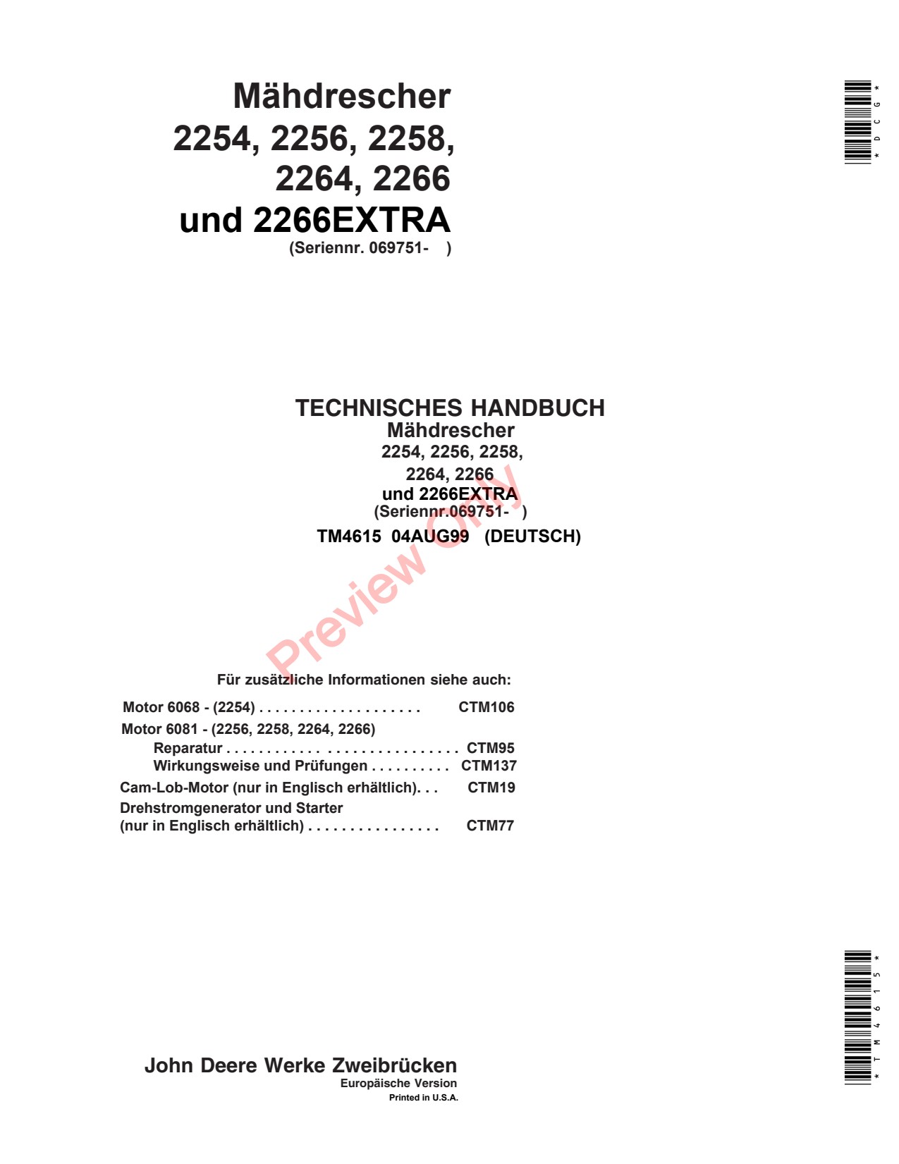 John Deere FT180 2254 to 2258 2264 2266 Extra Combine Technical Manual TM4615 DE 1 John Deere FT180 2254 to 2258 2264 2266 Extra Combine Technical Manual TM4615 DE