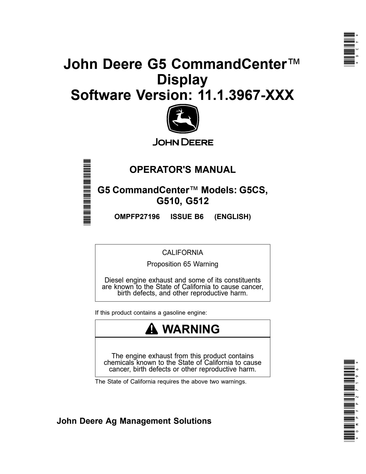 John Deere G5 CommandCenter 11 3967 Precision Ag Electronics Operator Manual OMPFP27196 1 John Deere G5 CommandCenter 11 3967 Precision Ag Electronics Operator Manual OMPFP27196