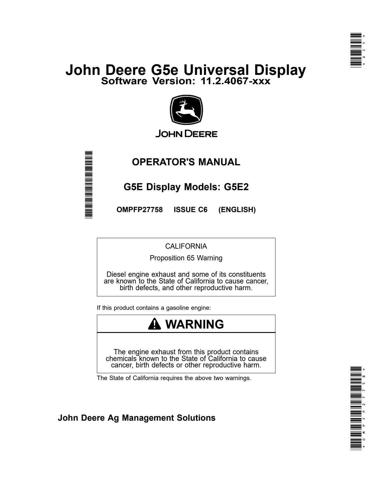 John Deere G5e Display 11 4067 Universal Monitor System Operator Manual OMPFP27758 1 John Deere G5e Display 11 4067 Universal Monitor System Operator Manual OMPFP27758