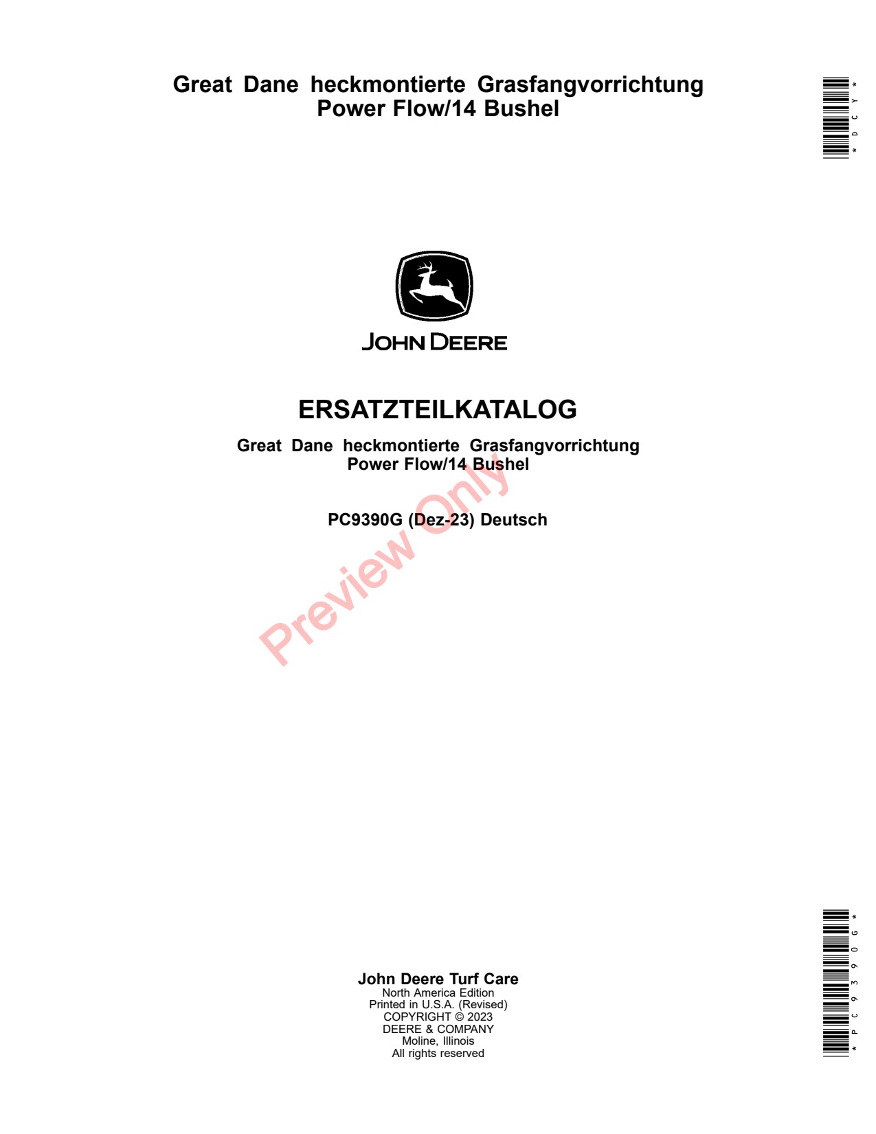 John Deere Great Dane 14 Rear Bagger Parts Catalog PC9390G DE 1 John Deere Great Dane 14 Rear Bagger Parts Catalog PC9390G DE