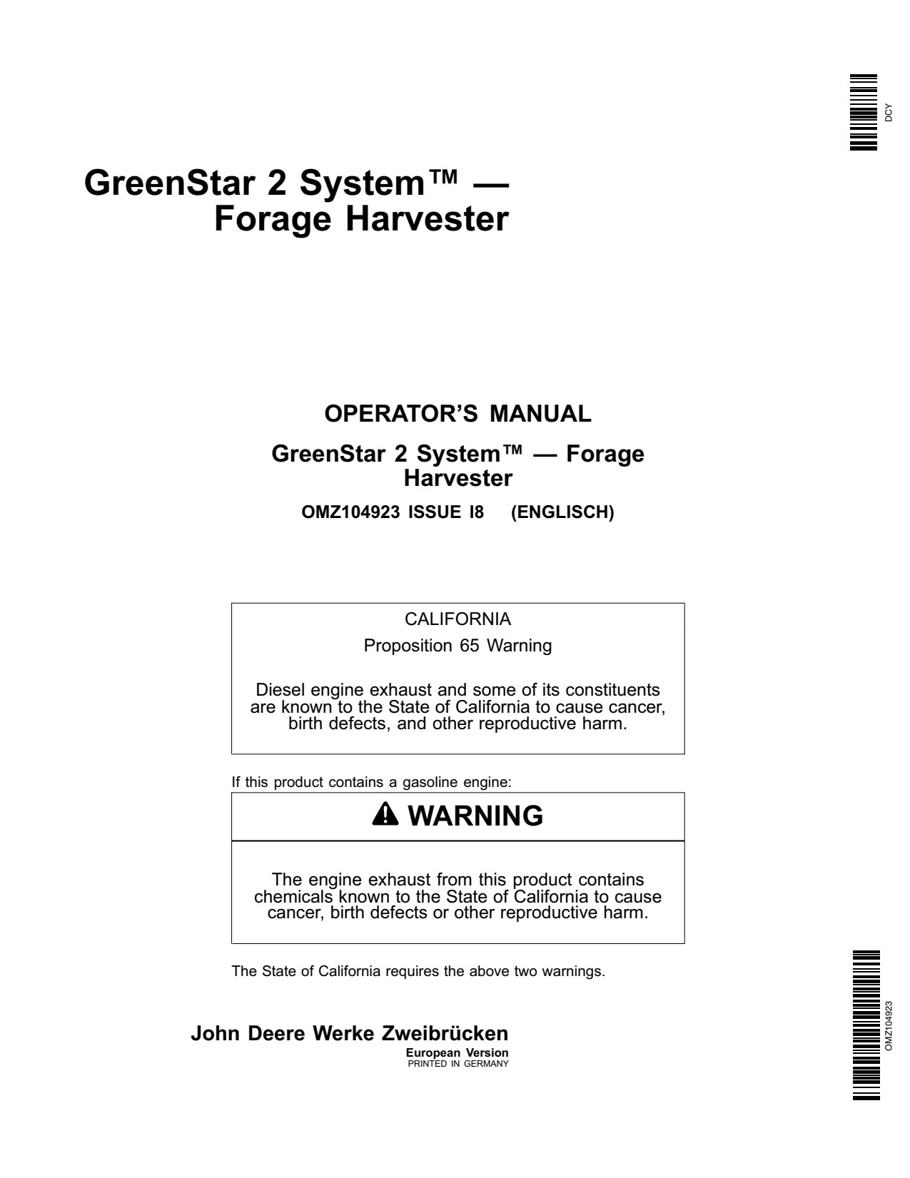 John Deere GreenStar 2 System-Forage Harvester Precision Ag Electronics Operator Manual OMZ104923 1 John Deere GreenStar 2 System-Forage Harvester Precision Ag Electronics Operator Manual OMZ104923