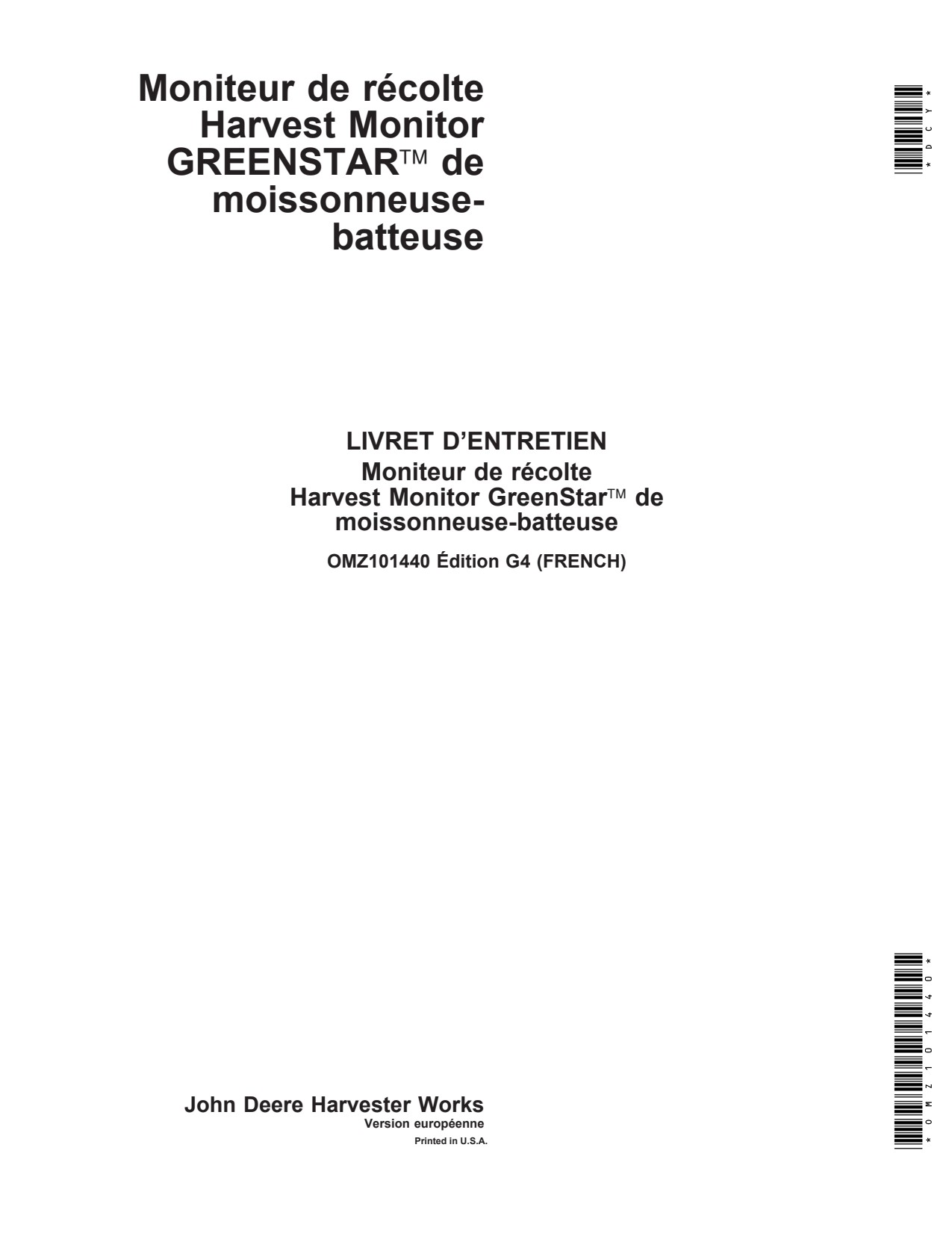 John Deere GreenStar Combine Harvest Monitor System Precision Ag Electronics Operator Manual OMZ101440 FR 1 John Deere GreenStar Combine Harvest Monitor System Precision Ag Electronics Operator Manual OMZ101440 FR