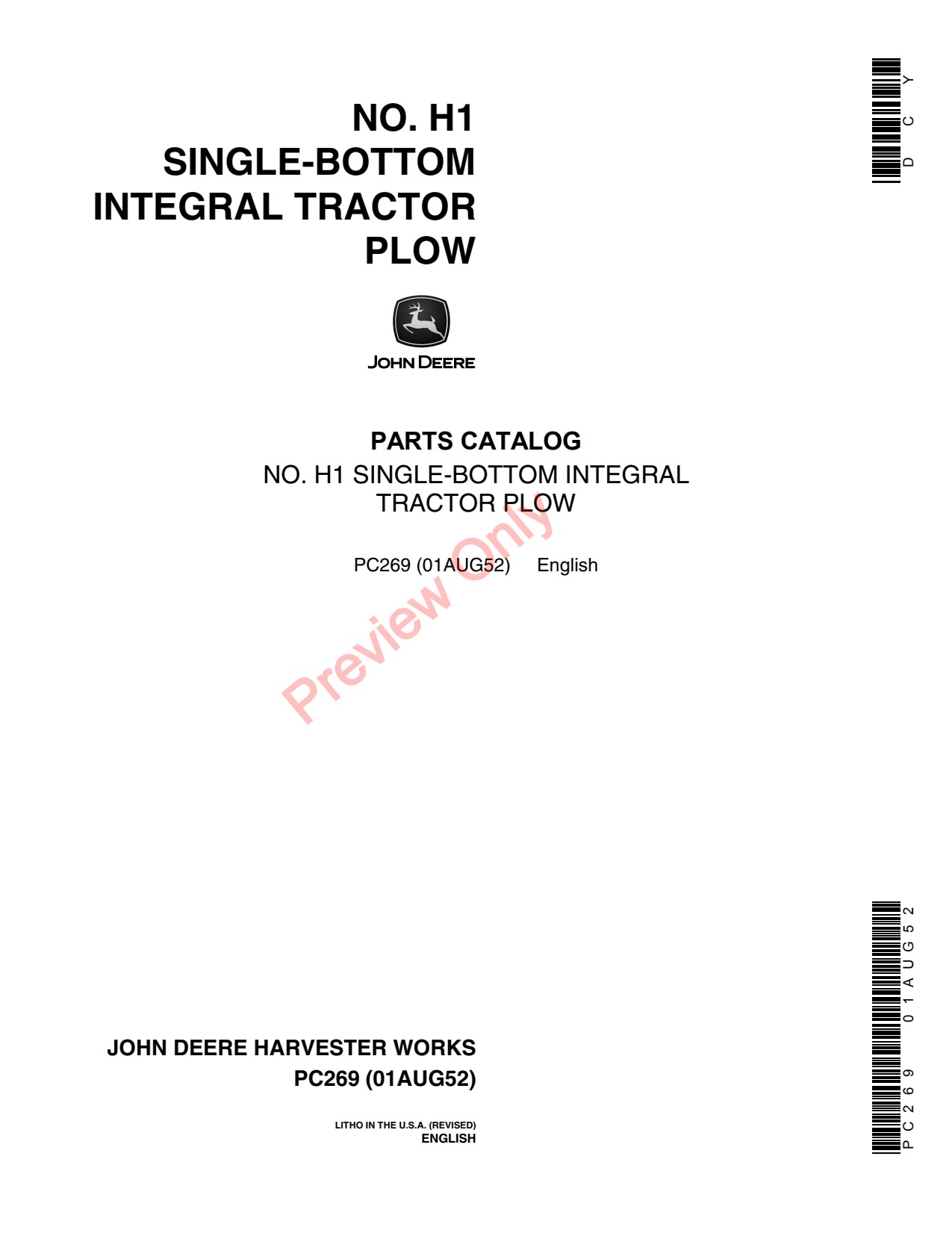 John Deere H1 Single-bottom Integral Tractor Parts Catalog PC269 1 John Deere H1 Single-bottom Integral Tractor Parts Catalog PC269