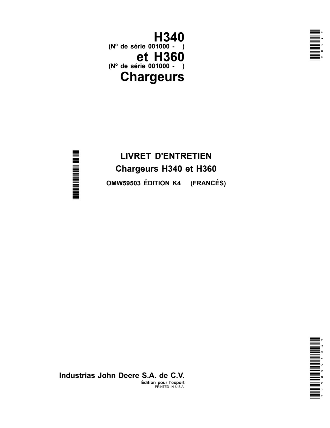 John Deere H340 H360 Loader Operator Manual OMW59503 FR 1 John Deere H340 H360 Loader Operator Manual OMW59503 FR