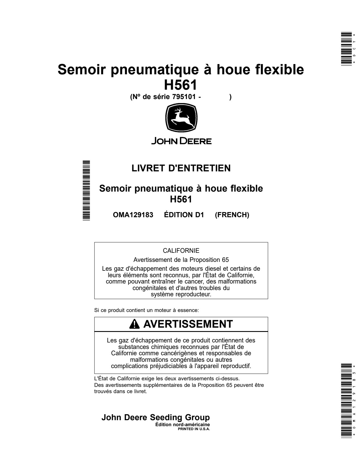 John Deere H561 Air Hoe Drill Operator Manual OMA129183 FR 1 John Deere H561 Air Hoe Drill Operator Manual OMA129183 FR